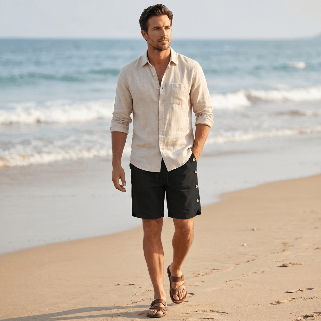Stefan Cotton Linen Pants – Drawstring Side Button Relaxed Summer Bottoms