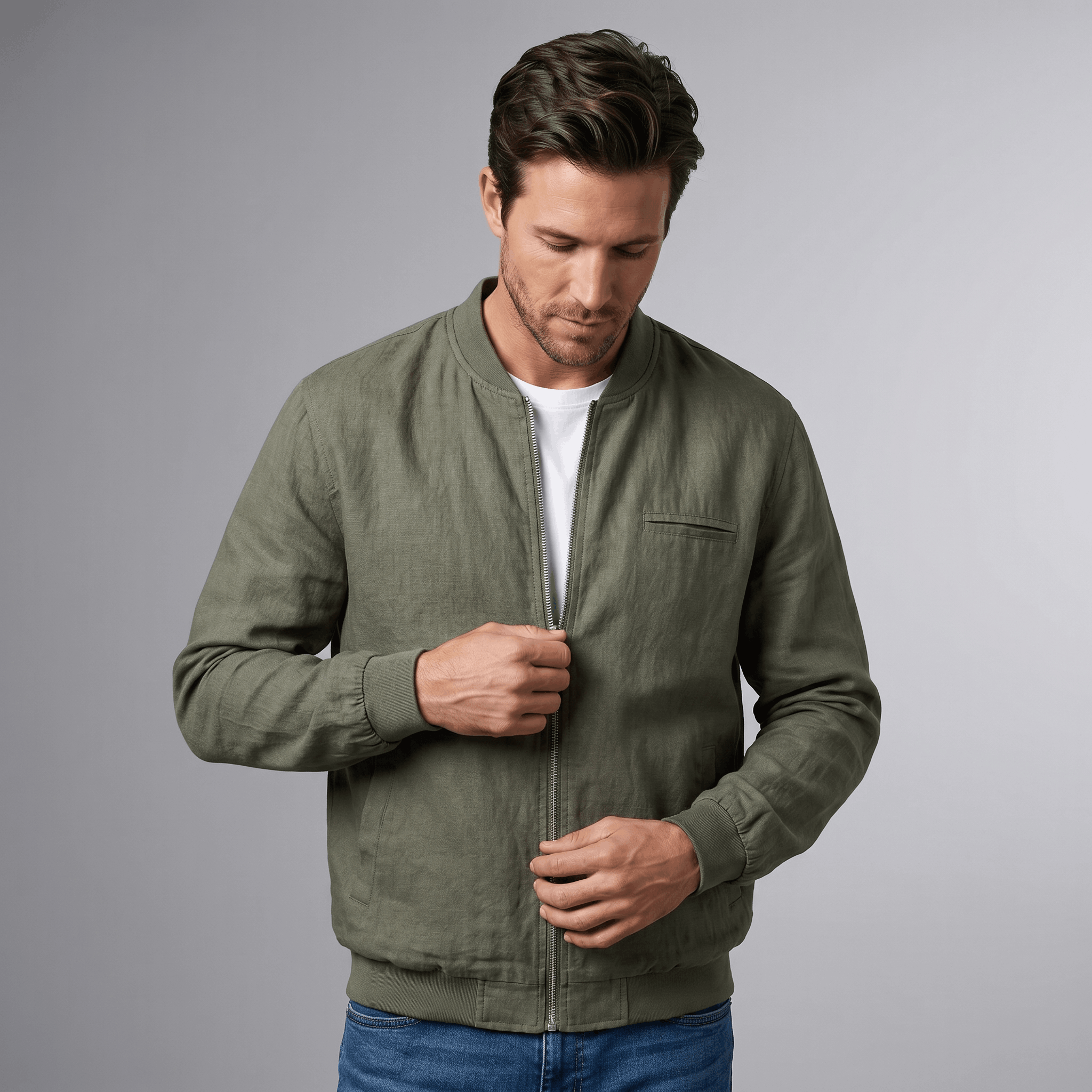 George Linen Cotton Zip-Up Jacket – Lightweight Bomber Style Casual Layer