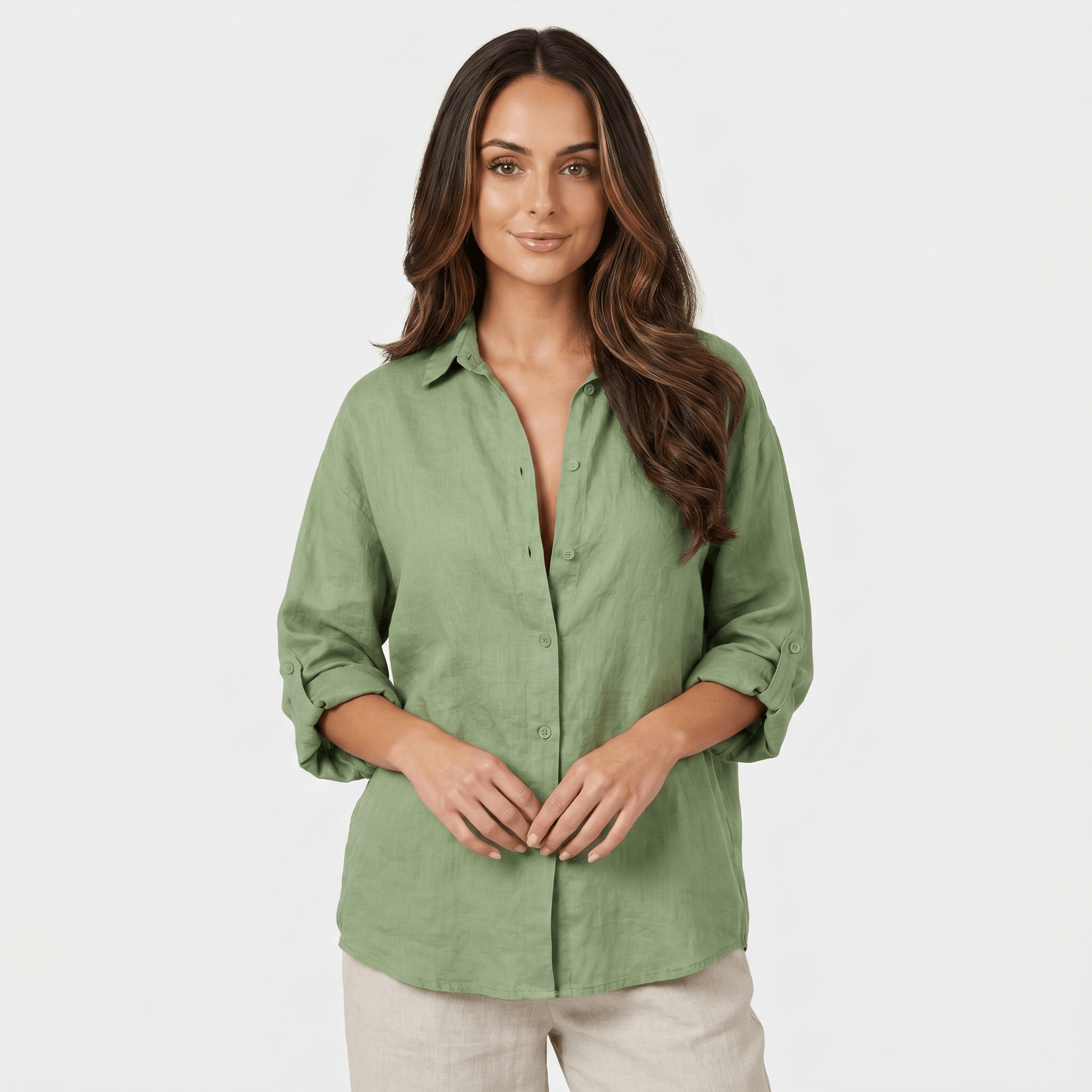 Olivia Linen Button-Up Shirt – Relaxed Airy Roll-Tab Everyday Blouse