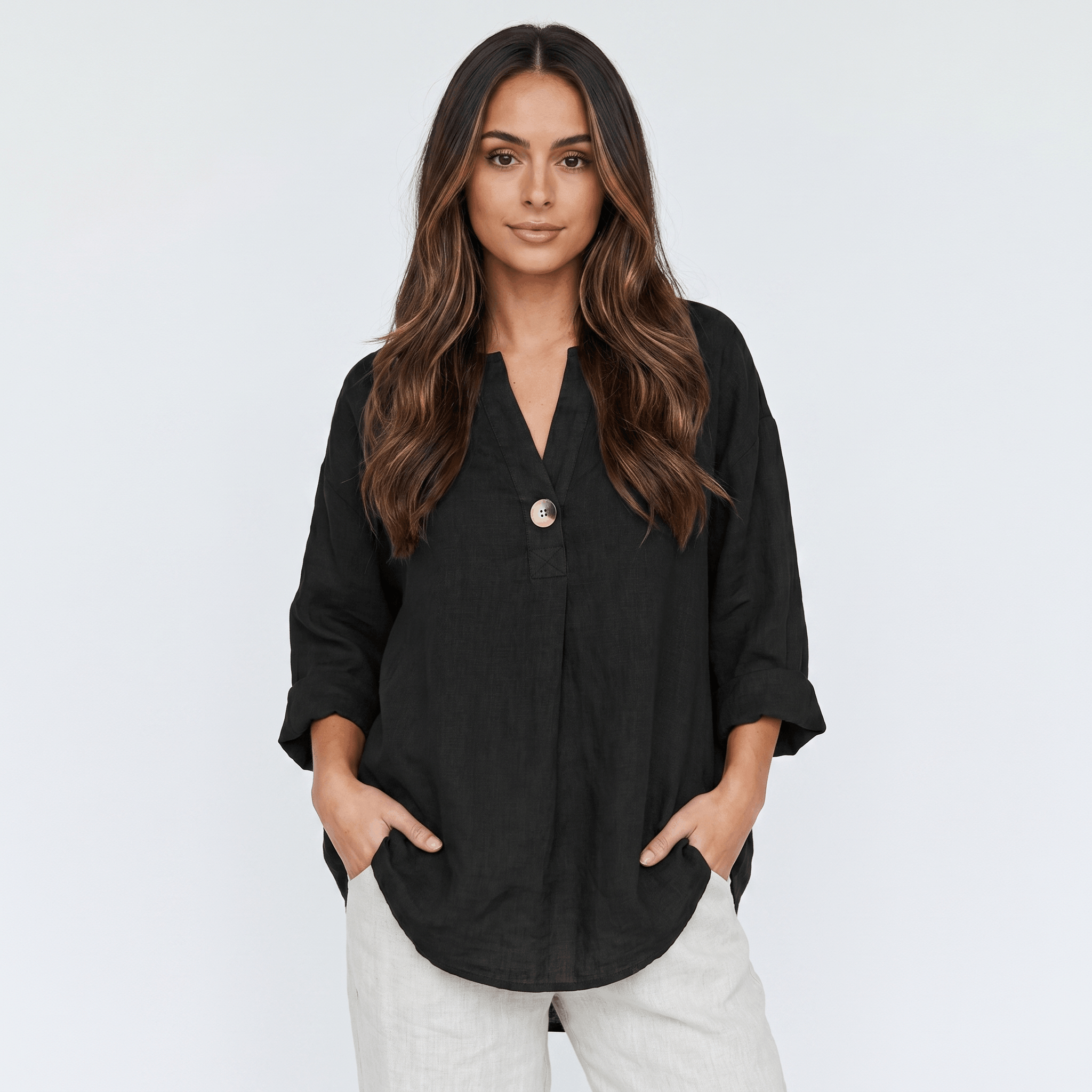 Sophia Linen Blouse – Relaxed Fit V-Neck Elegant Everyday Top