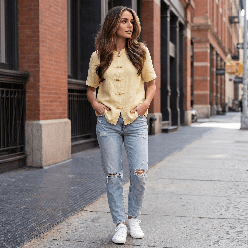 Josephine Mandarin Style Cotton Linen Shirt– Relaxed Short Sleeve Everyday Casual Top