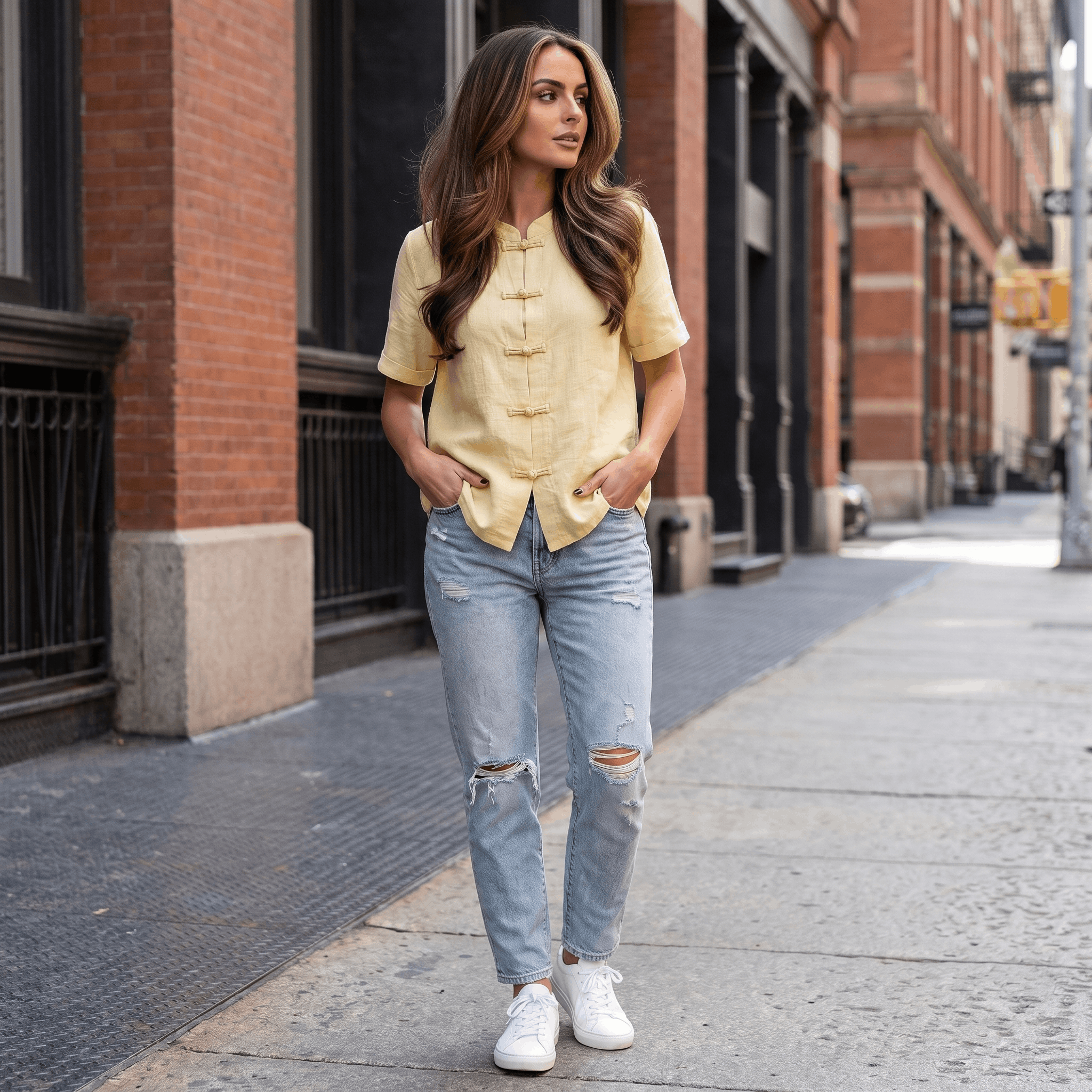 Josephine Mandarin Style Cotton Linen Shirt– Relaxed Short Sleeve Everyday Casual Top