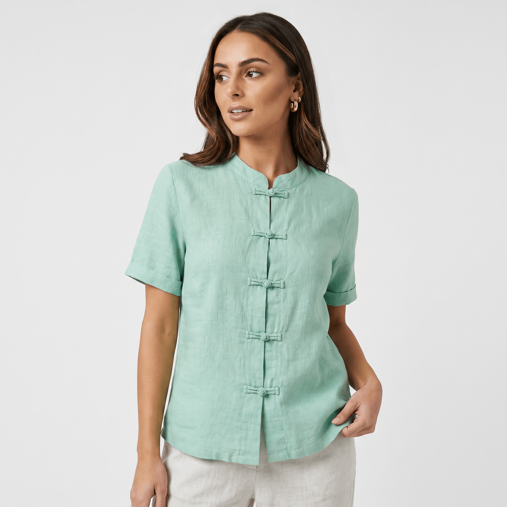 Josephine Mandarin Style Cotton Linen Shirt– Relaxed Short Sleeve Everyday Casual Top