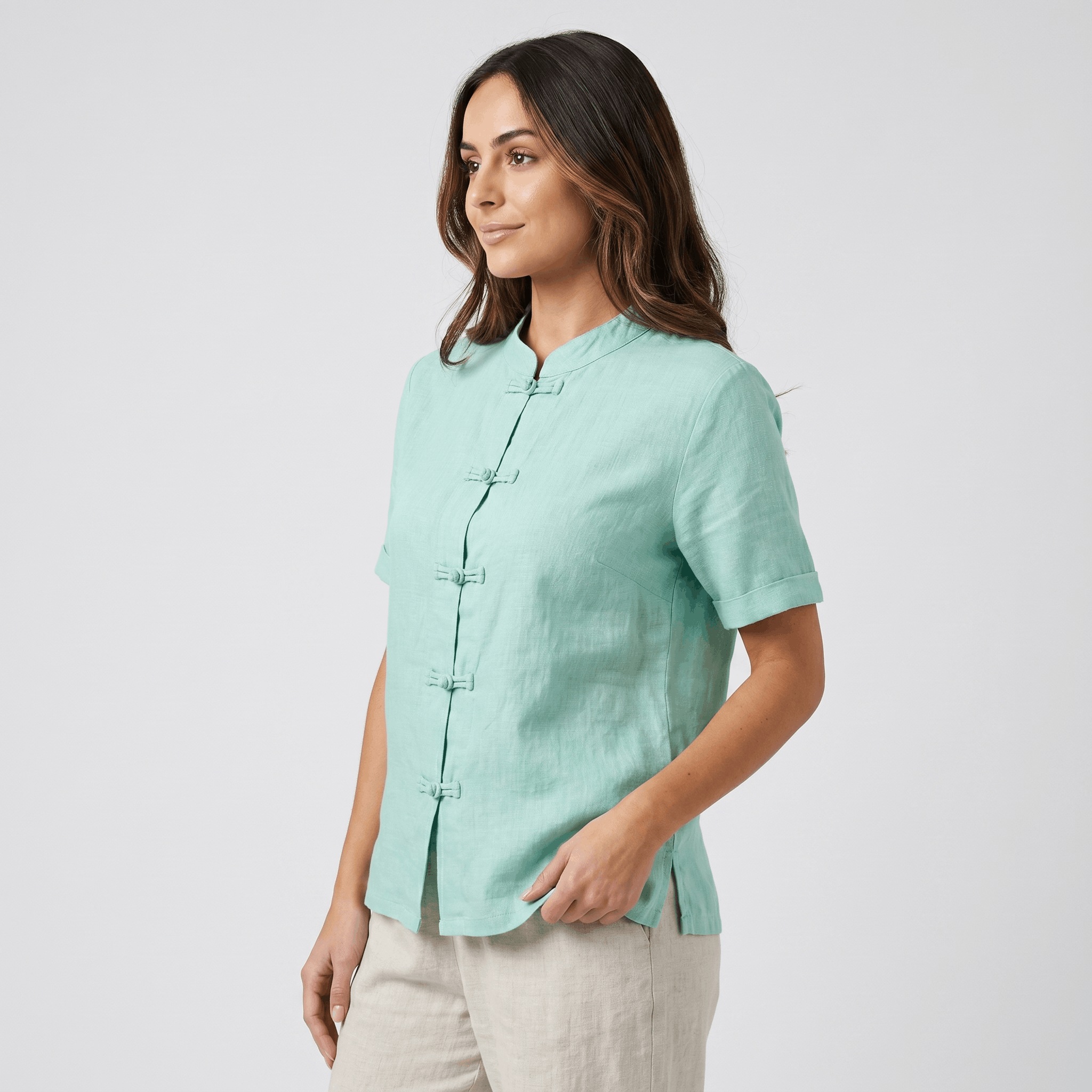 Josephine Mandarin Style Cotton Linen Shirt– Relaxed Short Sleeve Everyday Casual Top