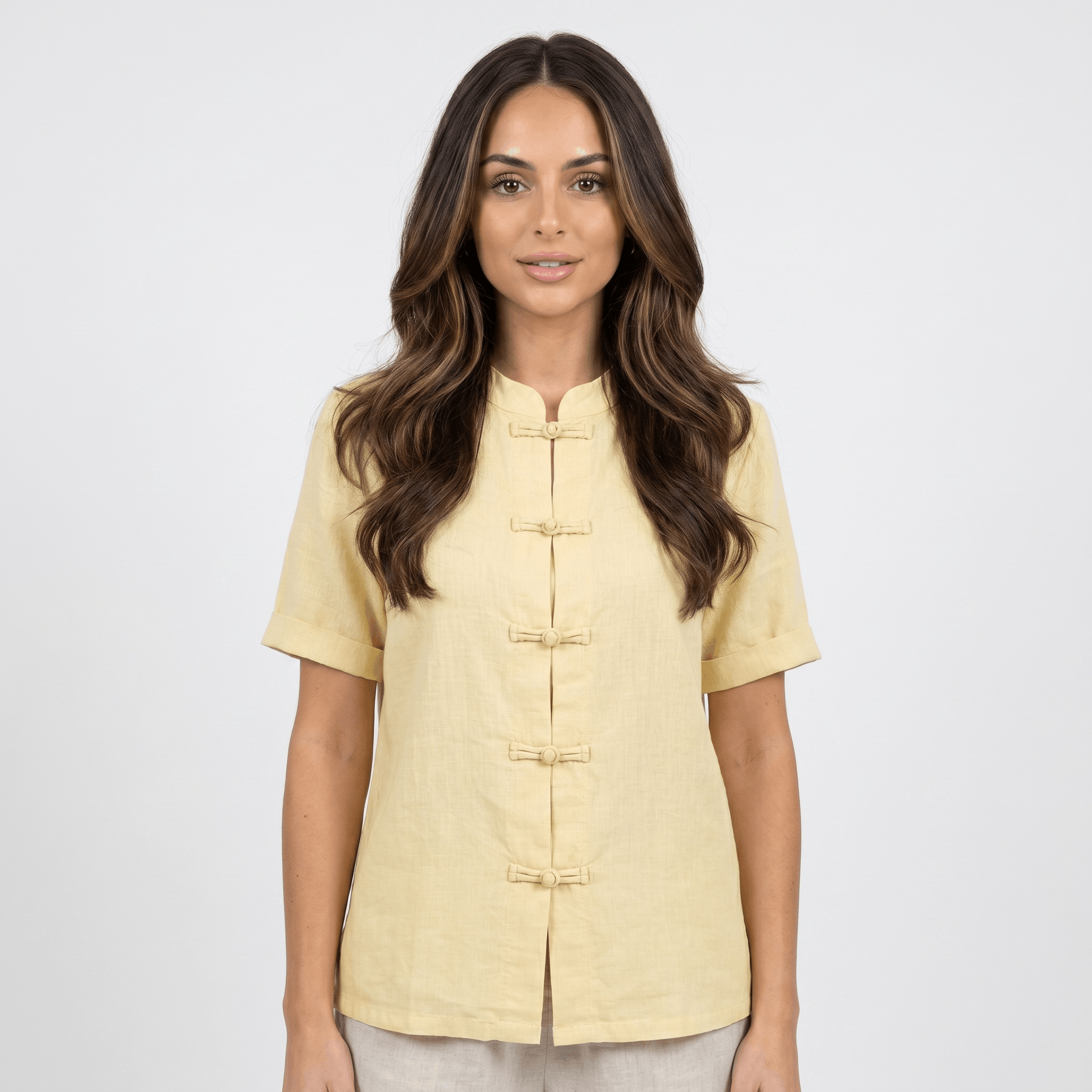 Josephine Mandarin Style Cotton Linen Shirt– Relaxed Short Sleeve Everyday Casual Top