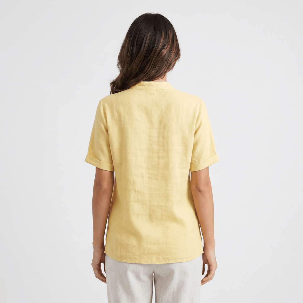 Josephine Mandarin Style Cotton Linen Shirt– Relaxed Short Sleeve Everyday Casual Top