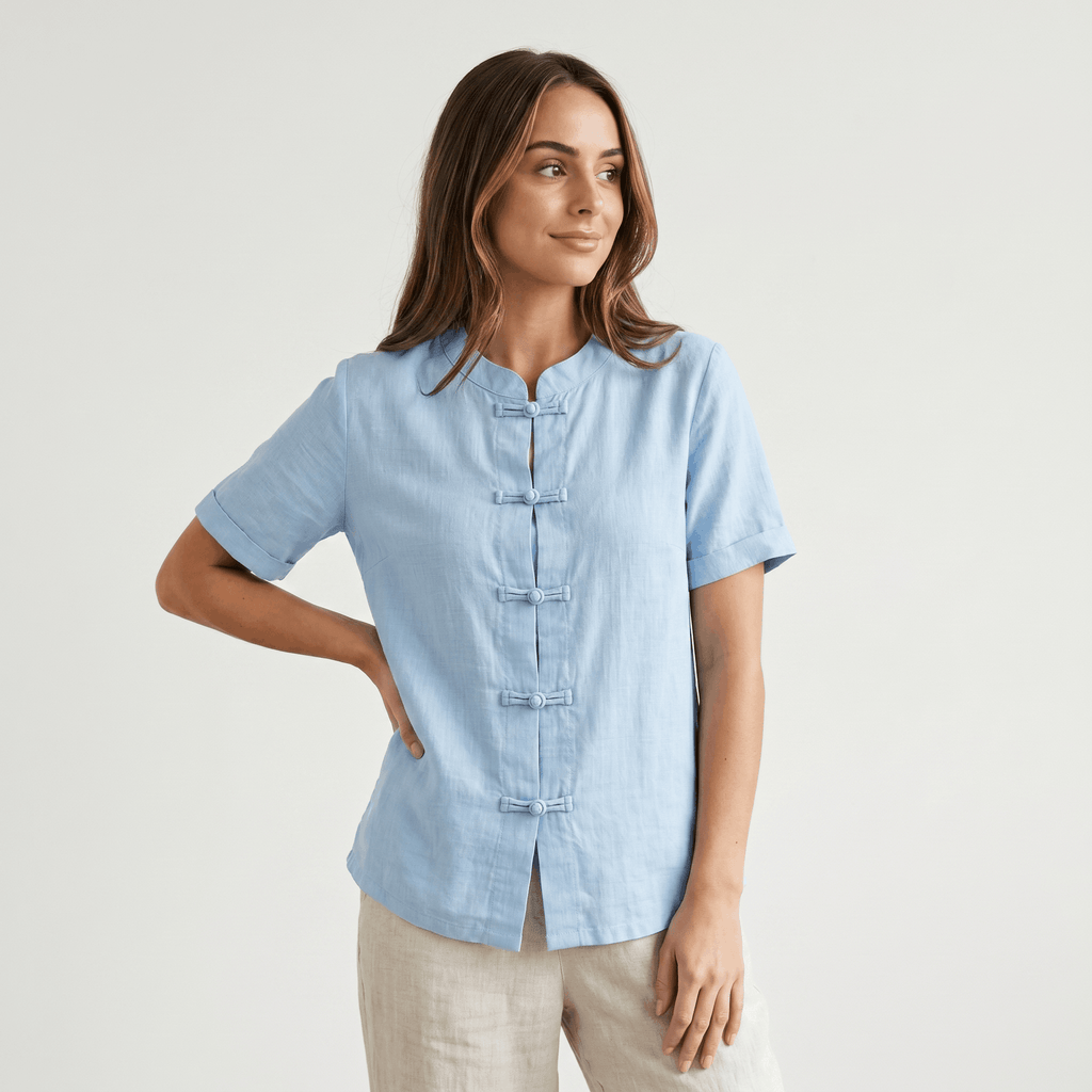 Josephine Mandarin Style Cotton Linen Shirt– Relaxed Short Sleeve Everyday Casual Top