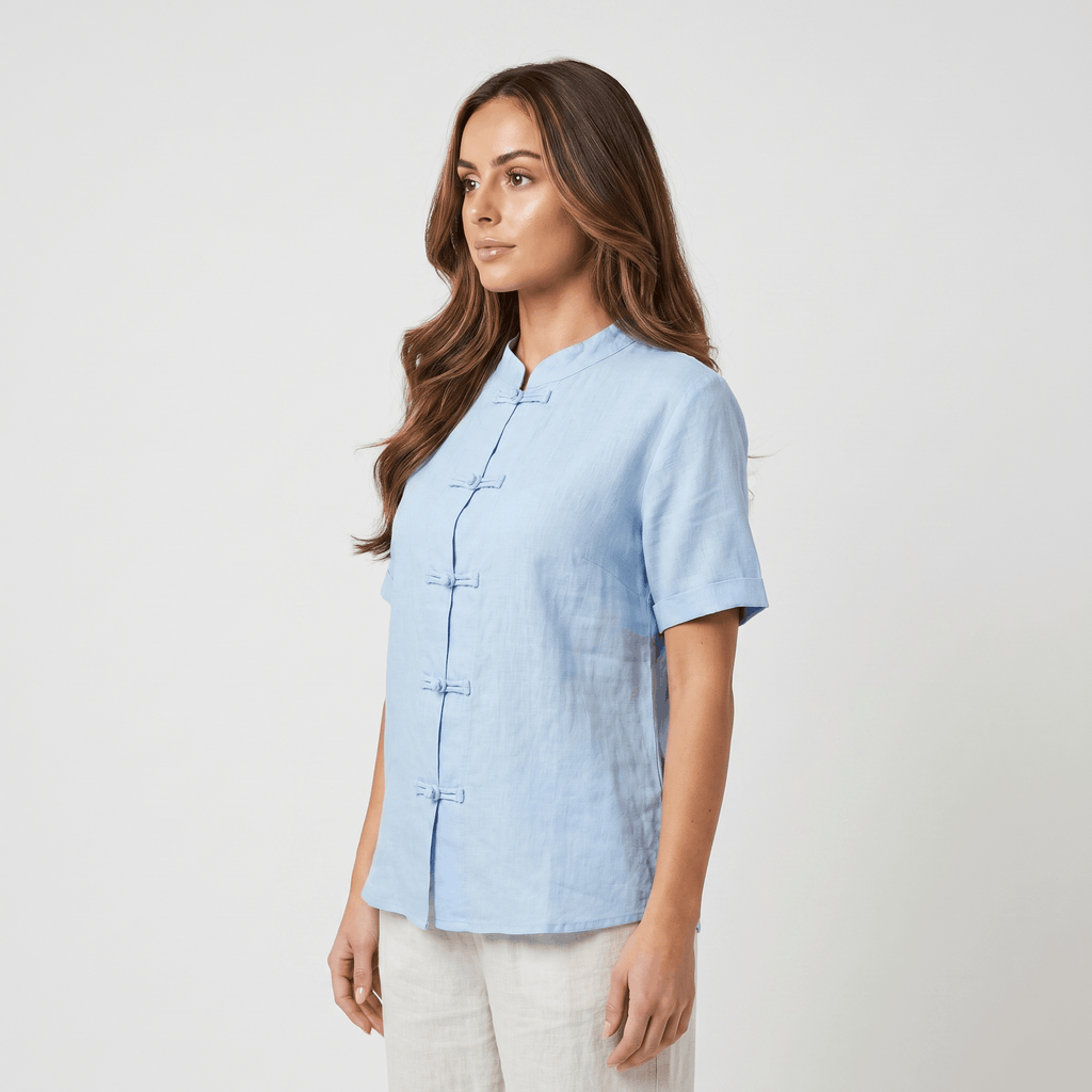 Josephine Mandarin Style Cotton Linen Shirt– Relaxed Short Sleeve Everyday Casual Top