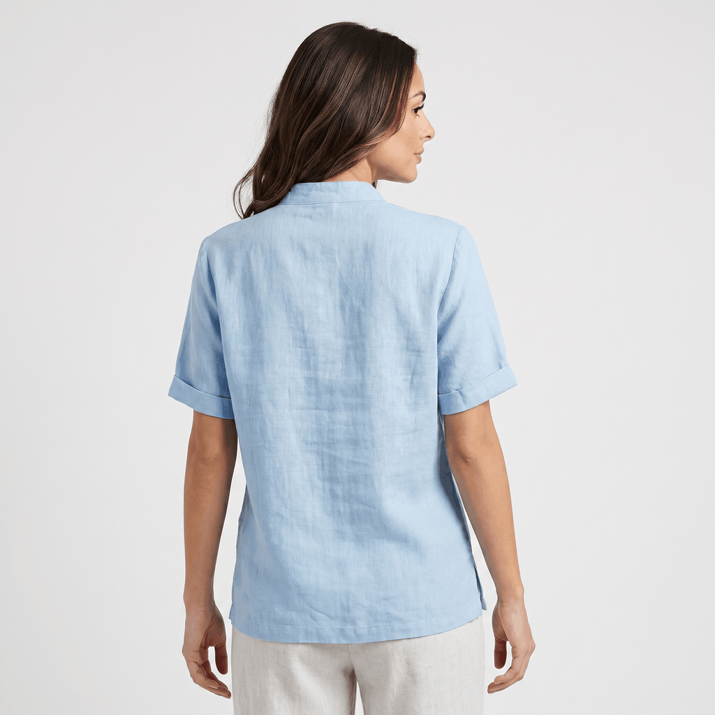 Josephine Mandarin Style Cotton Linen Shirt– Relaxed Short Sleeve Everyday Casual Top