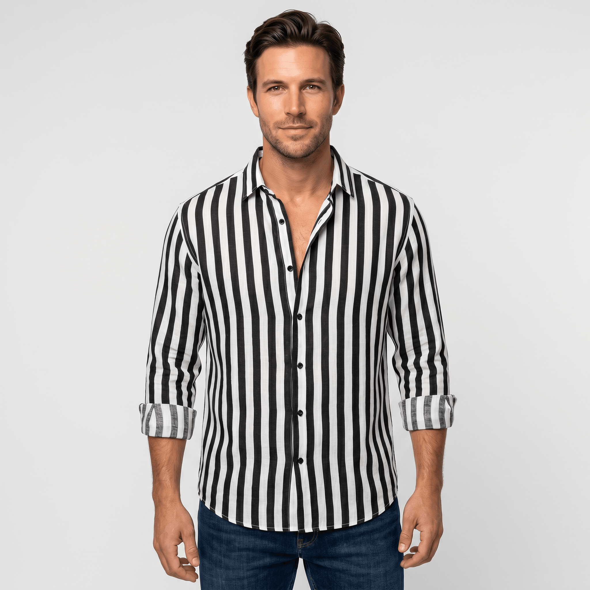 Mateo Pure Linen Striped Shirt – Slim Fit Long Sleeve Point Collar Casual Summer Top