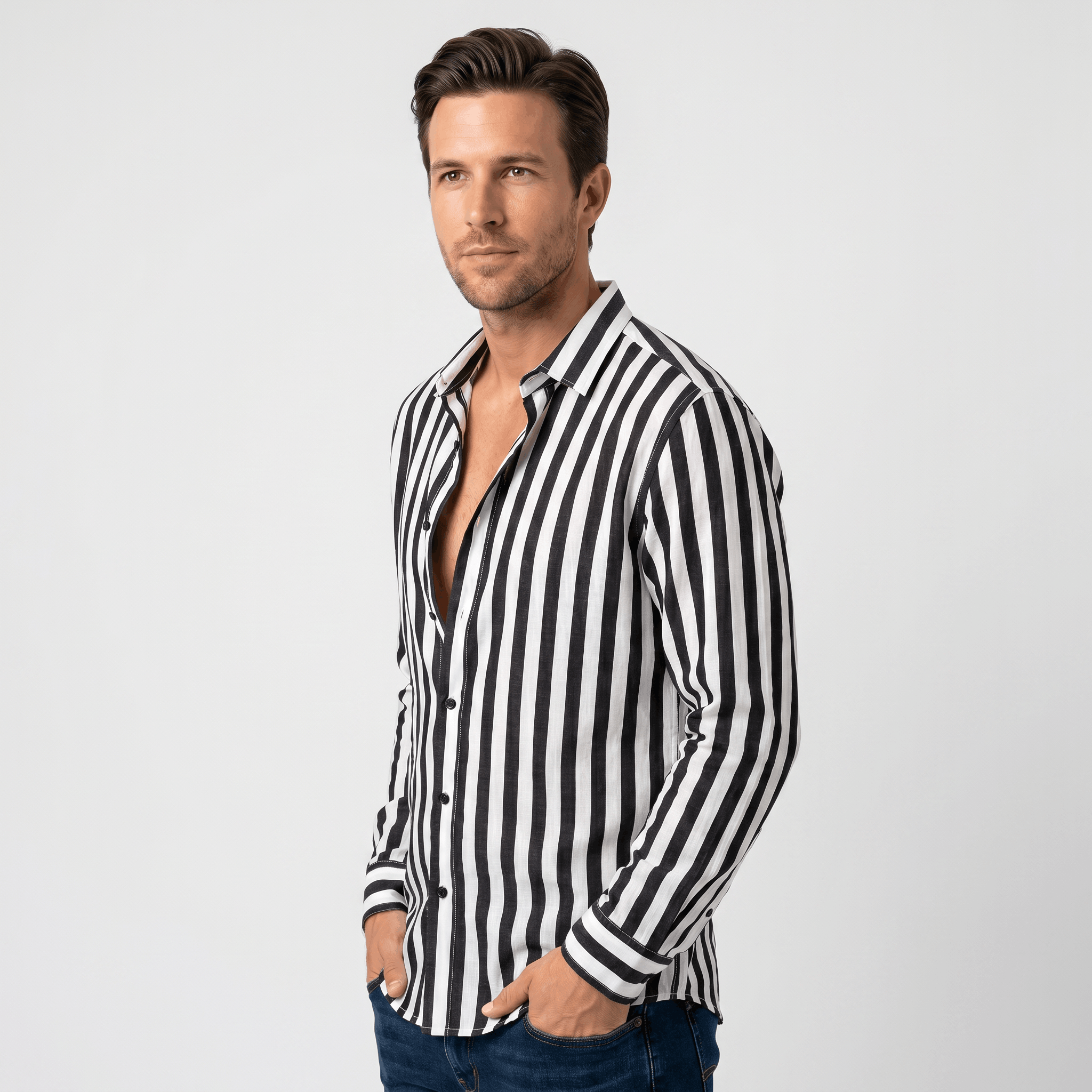 Mateo Pure Linen Striped Shirt – Slim Fit Long Sleeve Point Collar Casual Summer Top
