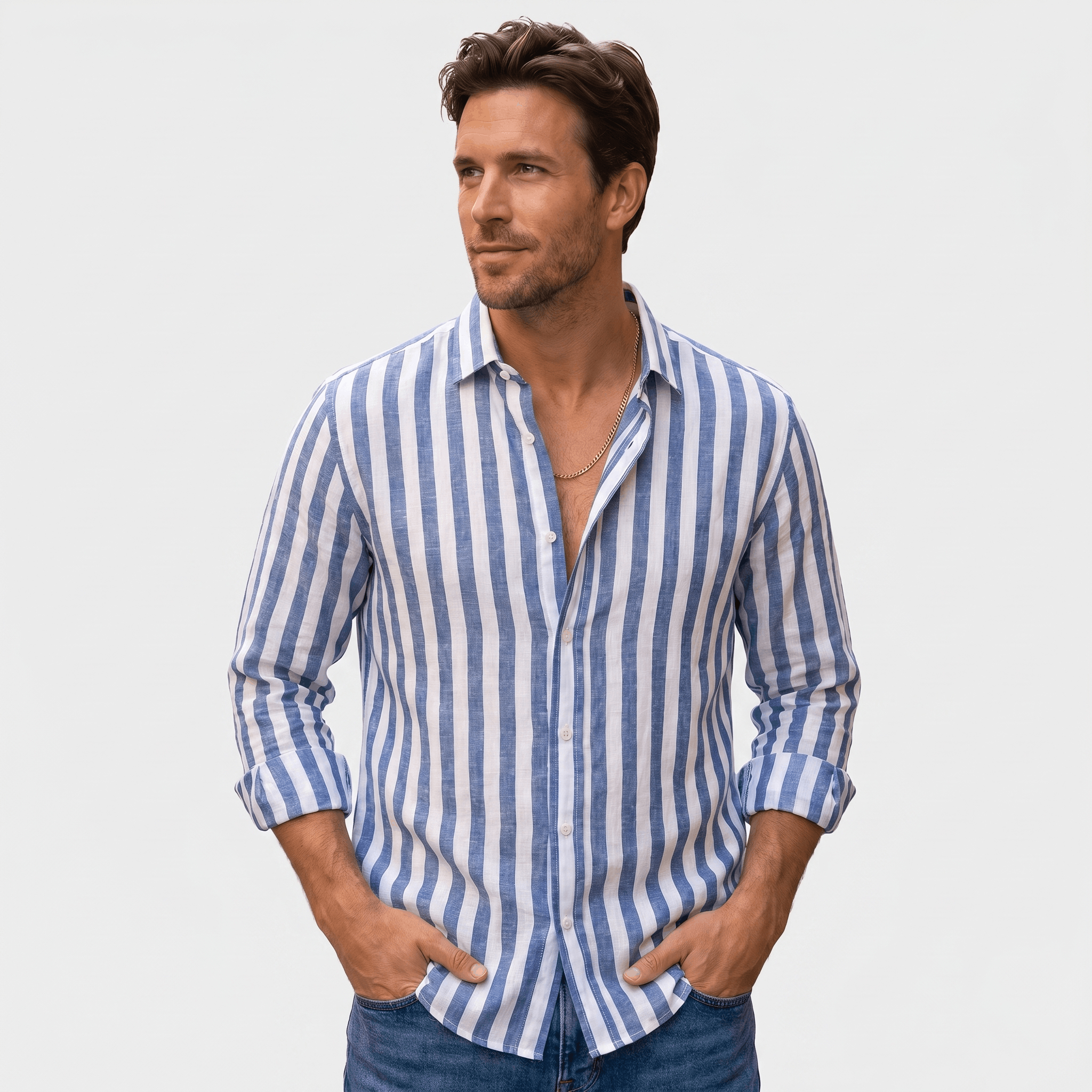 Mateo Pure Linen Striped Shirt – Slim Fit Long Sleeve Point Collar Casual Summer Top