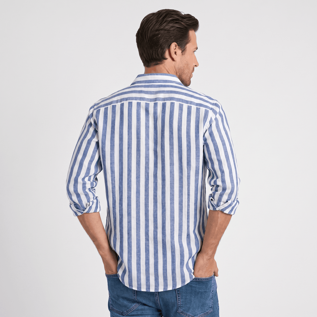 Mateo Pure Linen Striped Shirt – Slim Fit Long Sleeve Point Collar Casual Summer Top