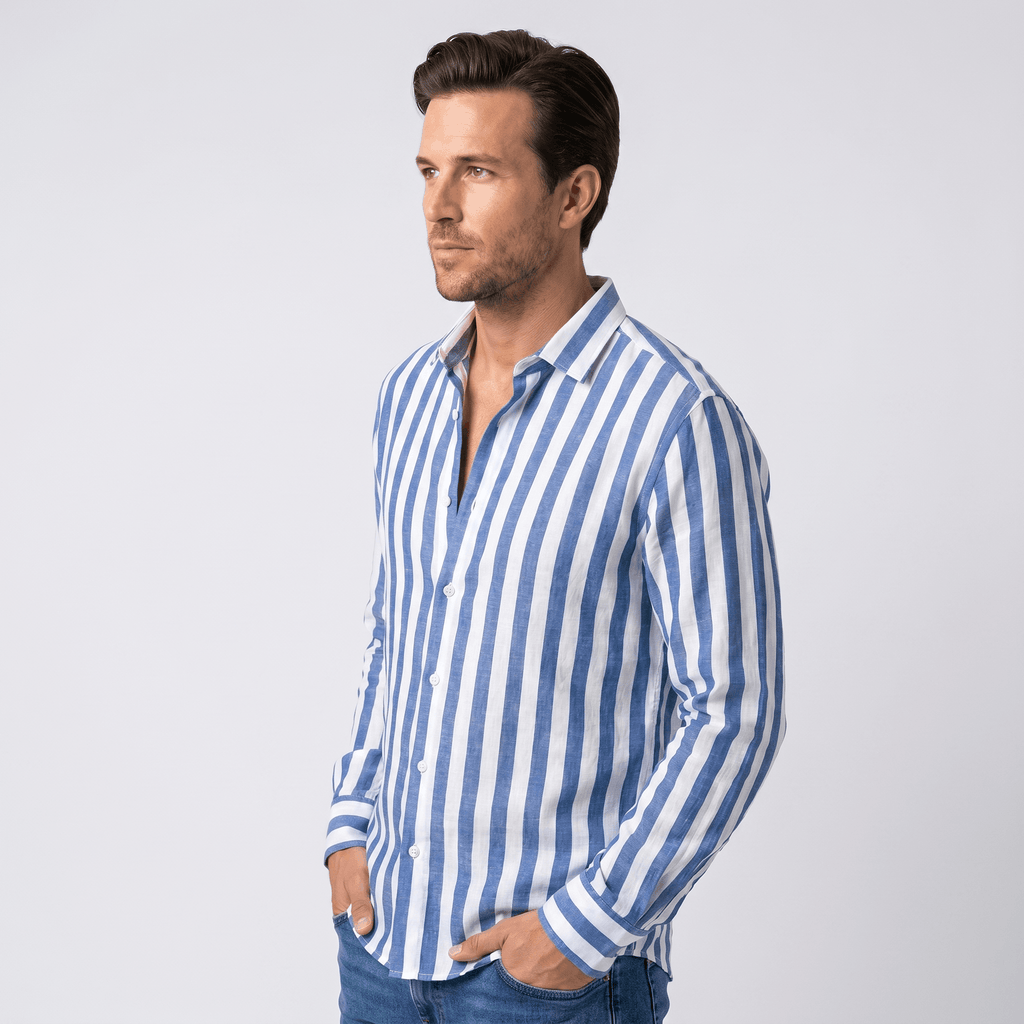 Mateo Pure Linen Striped Shirt – Slim Fit Long Sleeve Point Collar Casual Summer Top