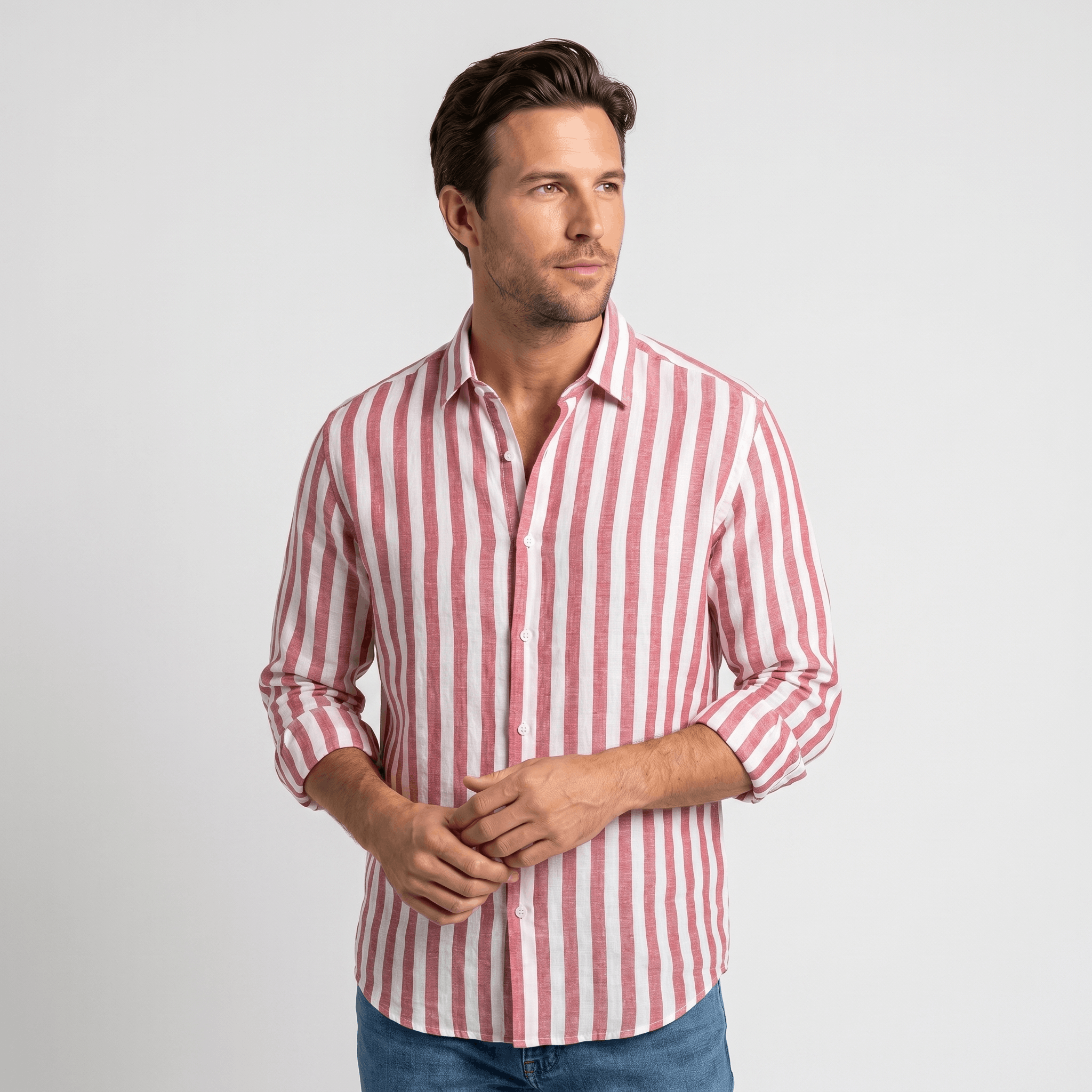 Mateo Pure Linen Striped Shirt – Slim Fit Long Sleeve Point Collar Casual Summer Top