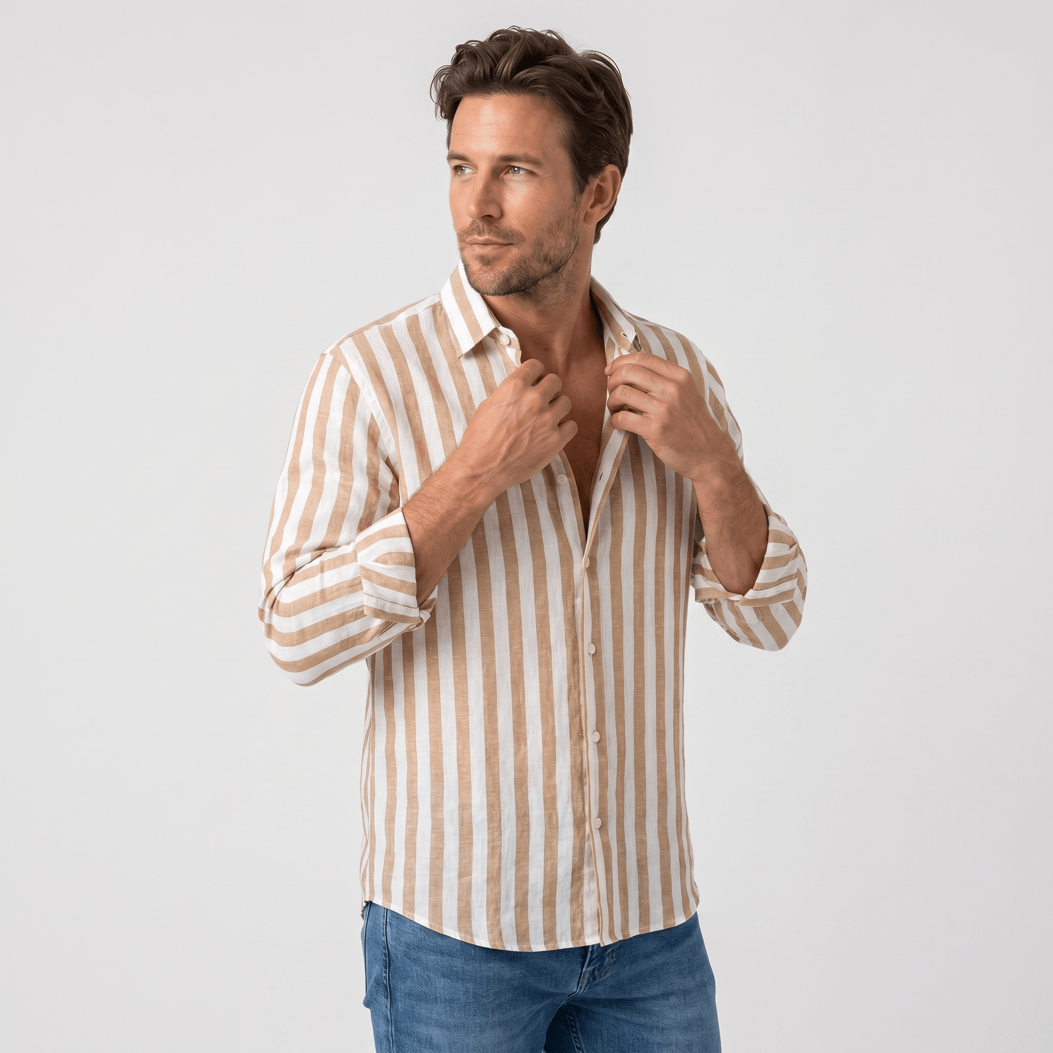 Mateo Pure Linen Striped Shirt – Slim Fit Long Sleeve Point Collar Casual Summer Top