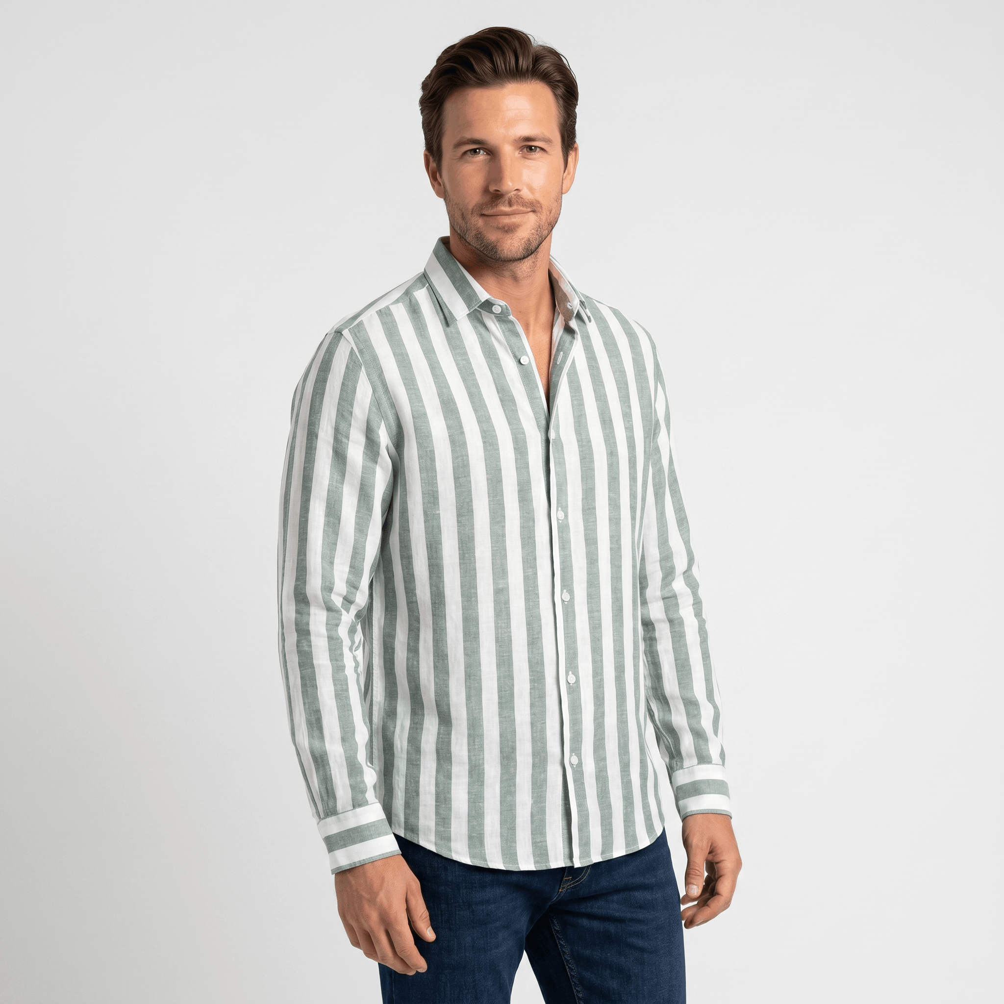 Mateo Pure Linen Striped Shirt – Slim Fit Long Sleeve Point Collar Casual Summer Top