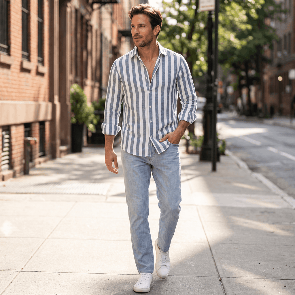 Mateo Pure Linen Striped Shirt – Slim Fit Long Sleeve Point Collar Casual Summer Top
