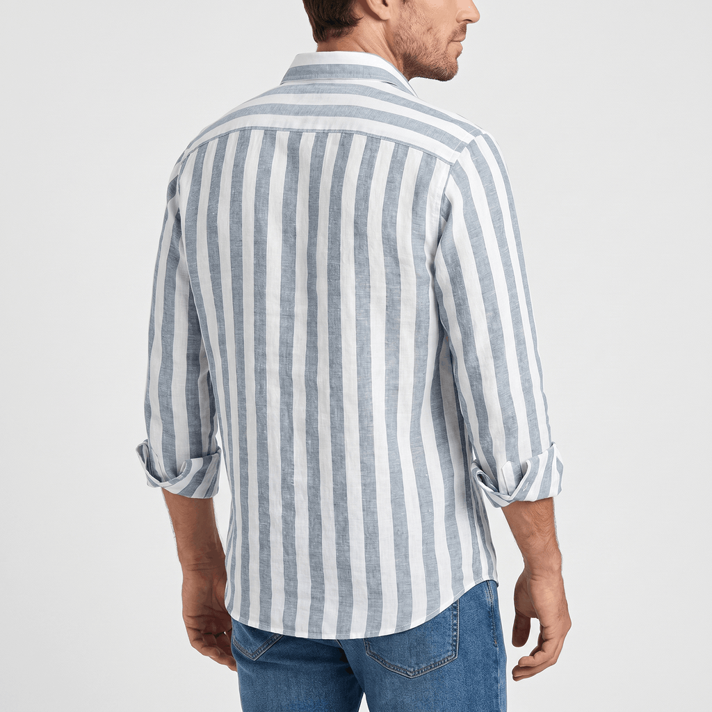 Mateo Pure Linen Striped Shirt – Slim Fit Long Sleeve Point Collar Casual Summer Top