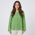 May Heritage Cotton Linen Blouse – Frog Button O-Neck Long Sleeve Relaxed Casual Top