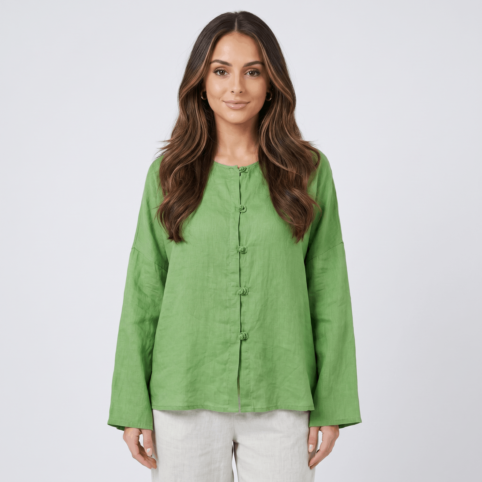 May Heritage Cotton Linen Blouse – Frog Button O-Neck Long Sleeve Relaxed Casual Top