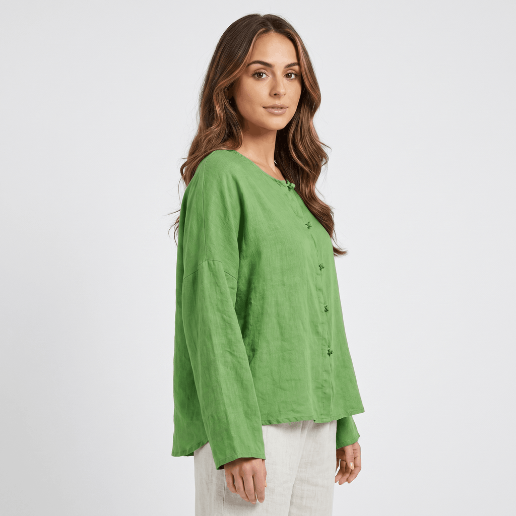 May Heritage Cotton Linen Blouse – Frog Button O-Neck Long Sleeve Relaxed Casual Top