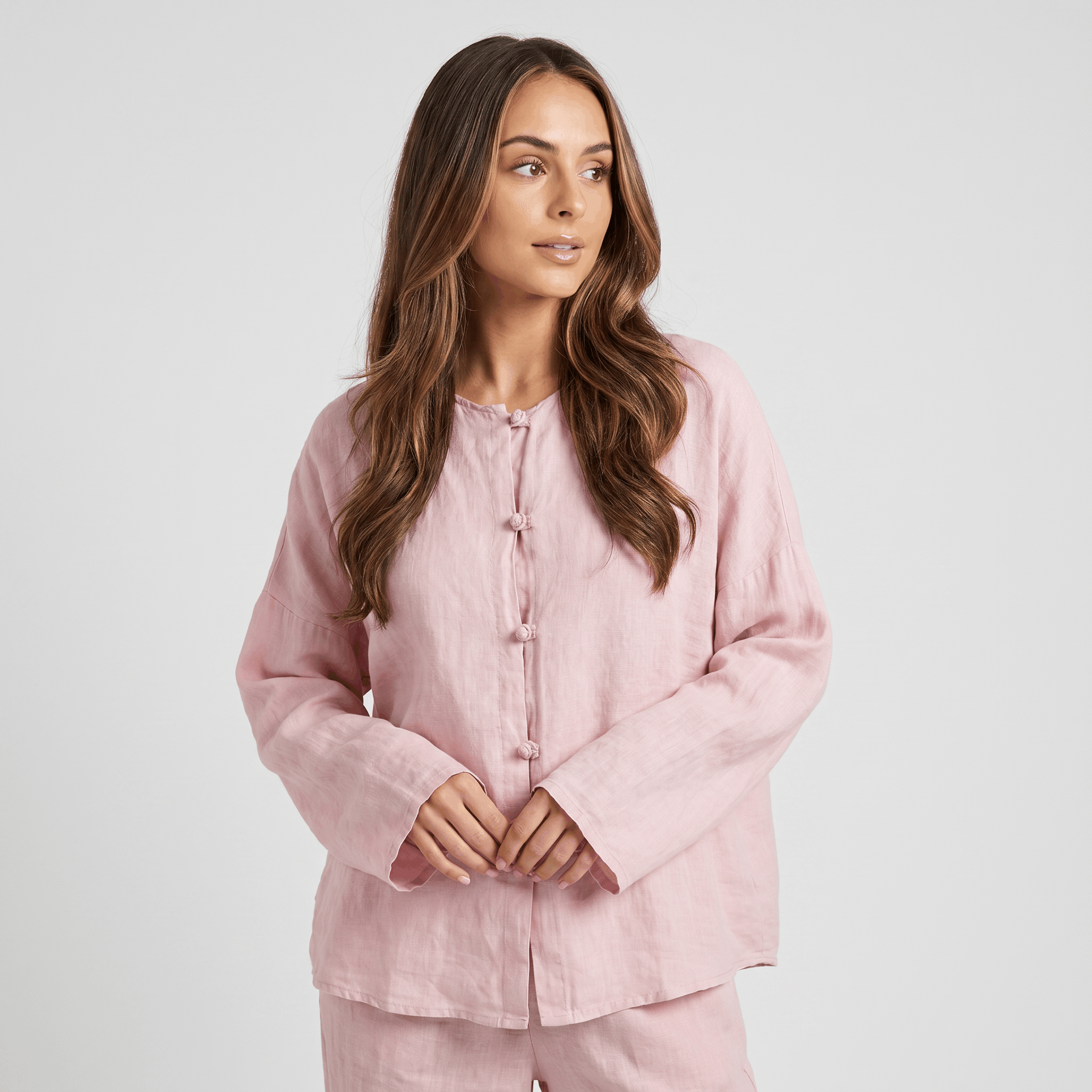 May Heritage Cotton Linen Blouse – Frog Button O-Neck Long Sleeve Relaxed Casual Top