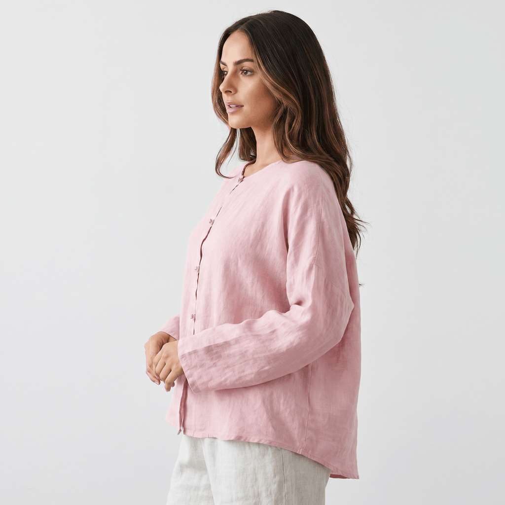 May Heritage Cotton Linen Blouse – Frog Button O-Neck Long Sleeve Relaxed Casual Top
