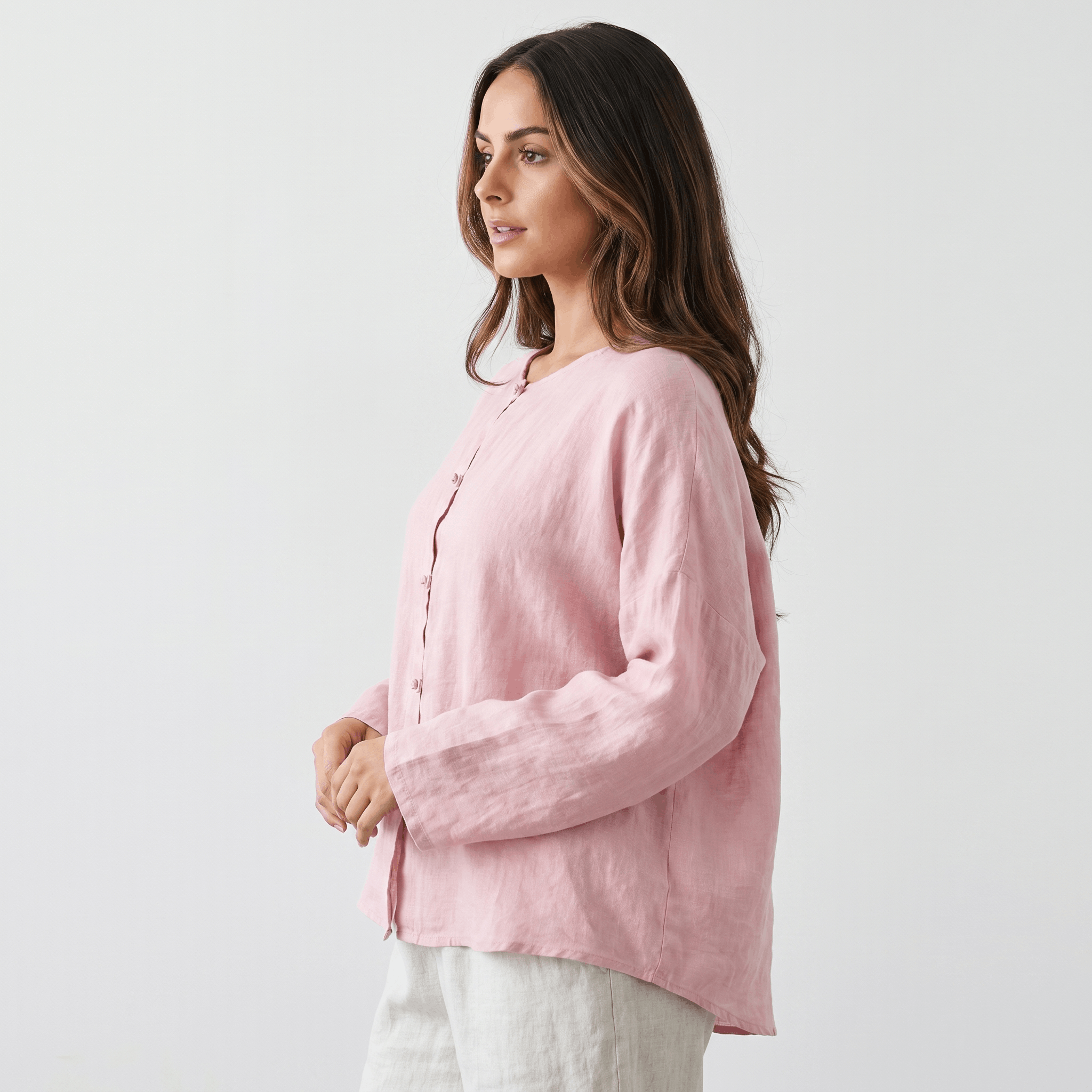 May Heritage Cotton Linen Blouse – Frog Button O-Neck Long Sleeve Relaxed Casual Top
