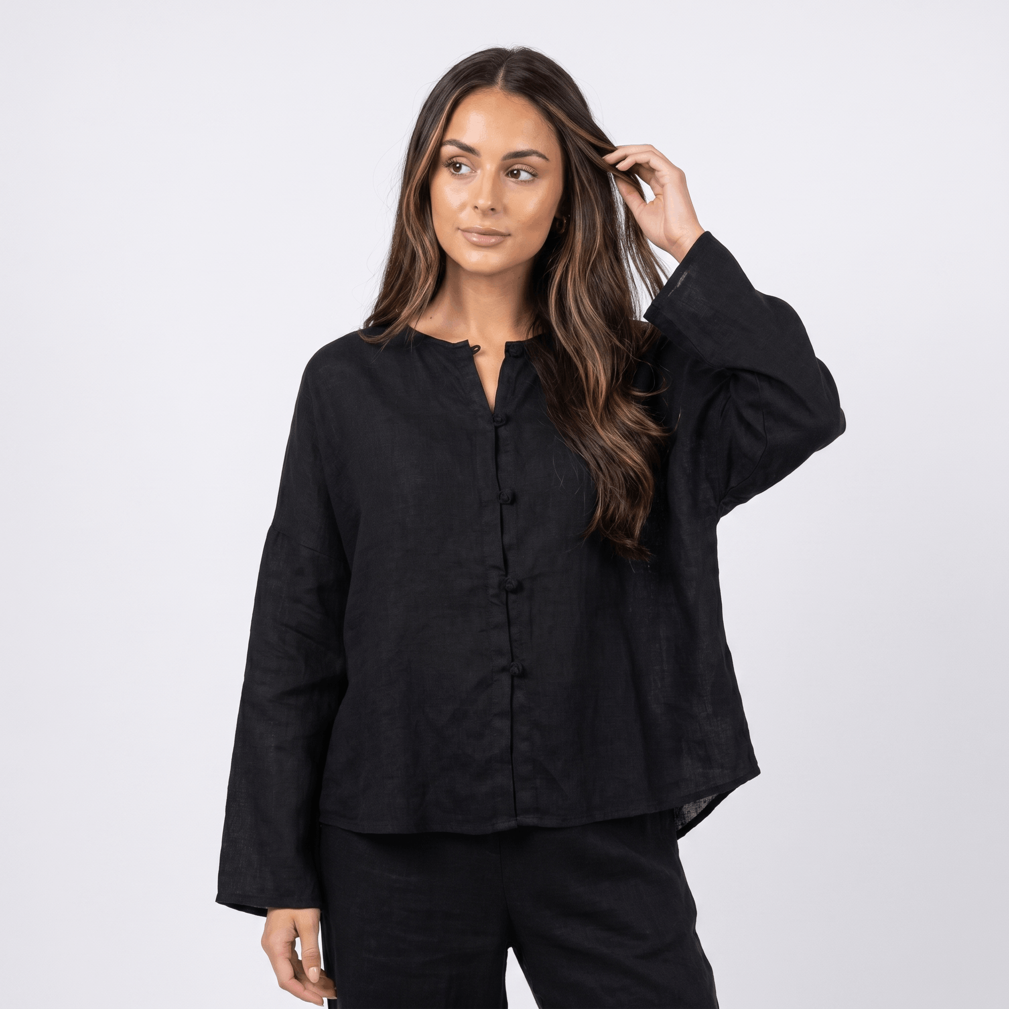 May Heritage Cotton Linen Blouse – Frog Button O-Neck Long Sleeve Relaxed Casual Top