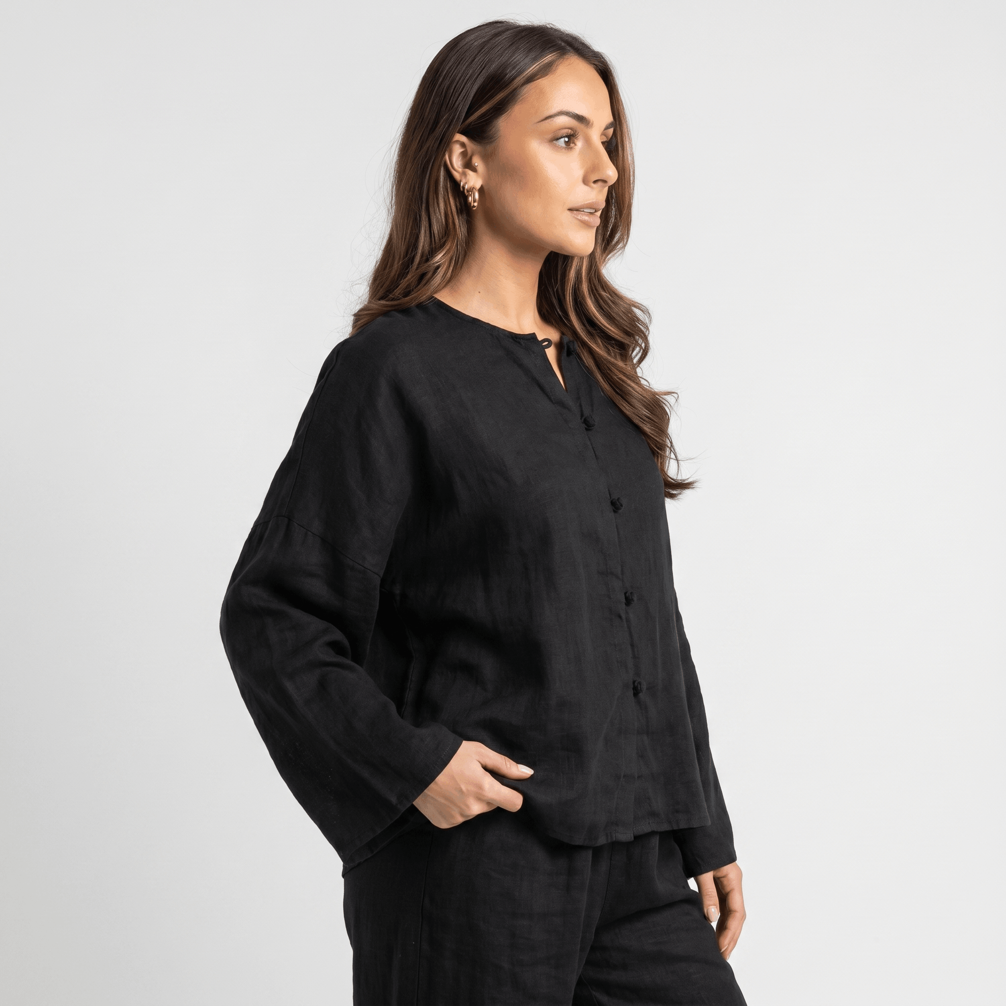 May Heritage Cotton Linen Blouse – Frog Button O-Neck Long Sleeve Relaxed Casual Top