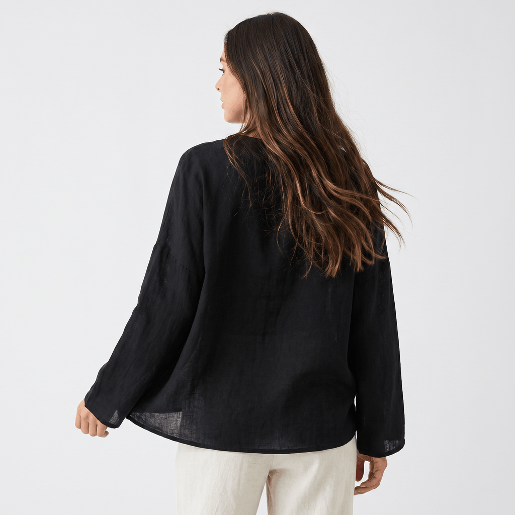 May Heritage Cotton Linen Blouse – Frog Button O-Neck Long Sleeve Relaxed Casual Top