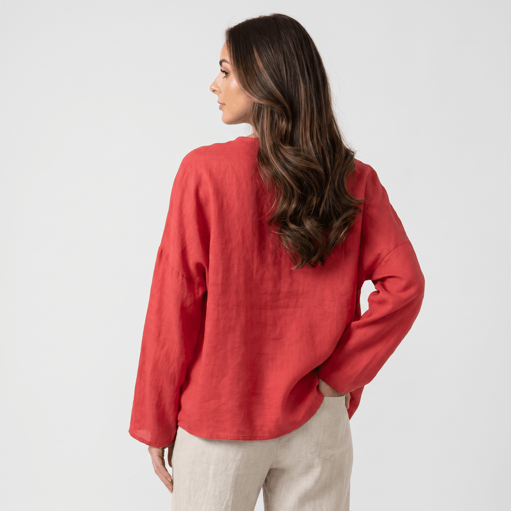 May Heritage Cotton Linen Blouse – Frog Button O-Neck Long Sleeve Relaxed Casual Top