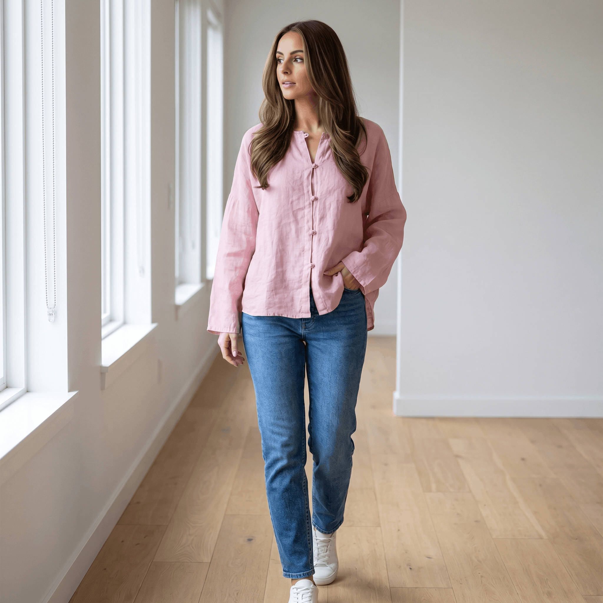 May Heritage Cotton Linen Blouse – Frog Button O-Neck Long Sleeve Relaxed Casual Top