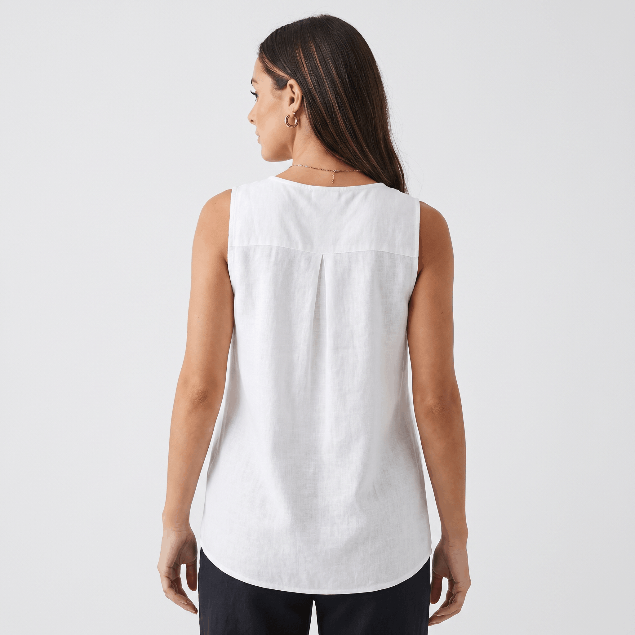 Herlene Sleeveless Cotton Linen Blouse – V-Neck Button Detail Pleated Front Relaxed Tank Top