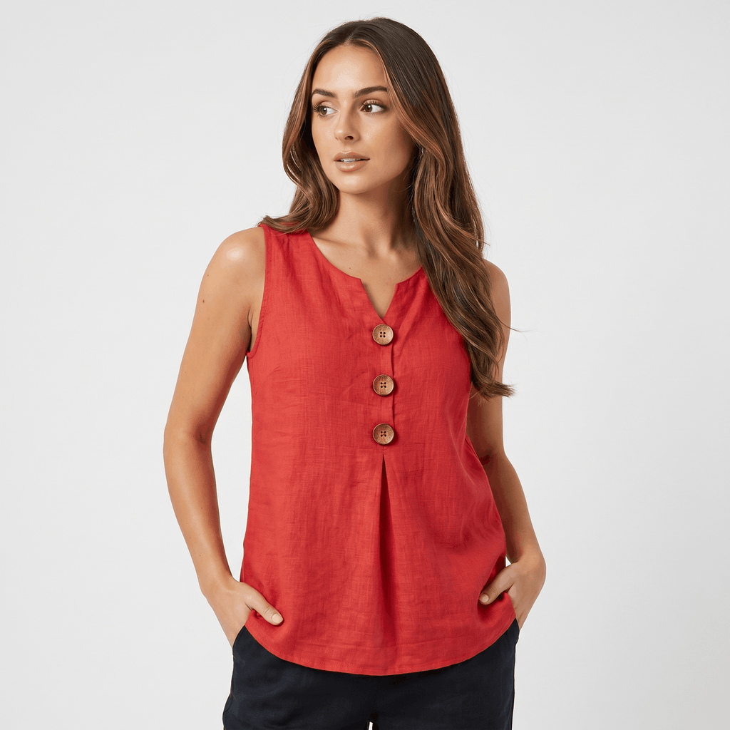 Herlene Sleeveless Cotton Linen Blouse – V-Neck Button Detail Pleated Front Relaxed Tank Top