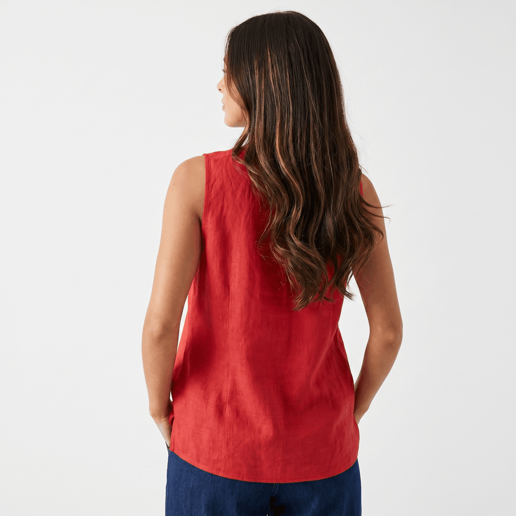 Herlene Sleeveless Cotton Linen Blouse – V-Neck Button Detail Pleated Front Relaxed Tank Top