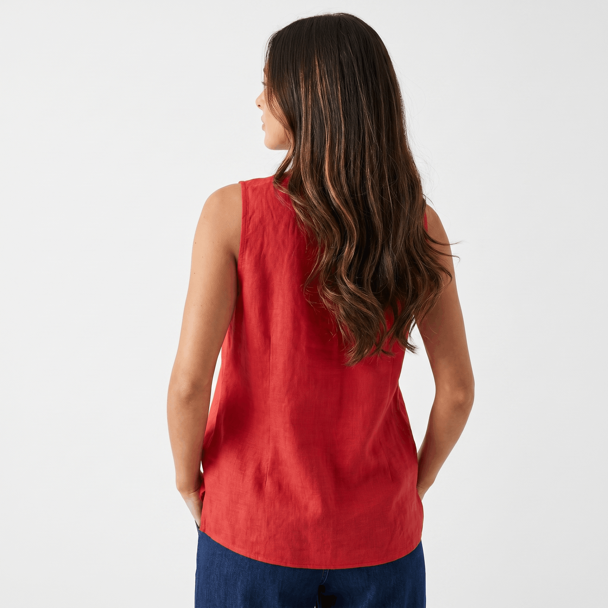 Herlene Sleeveless Cotton Linen Blouse – V-Neck Button Detail Pleated Front Relaxed Tank Top
