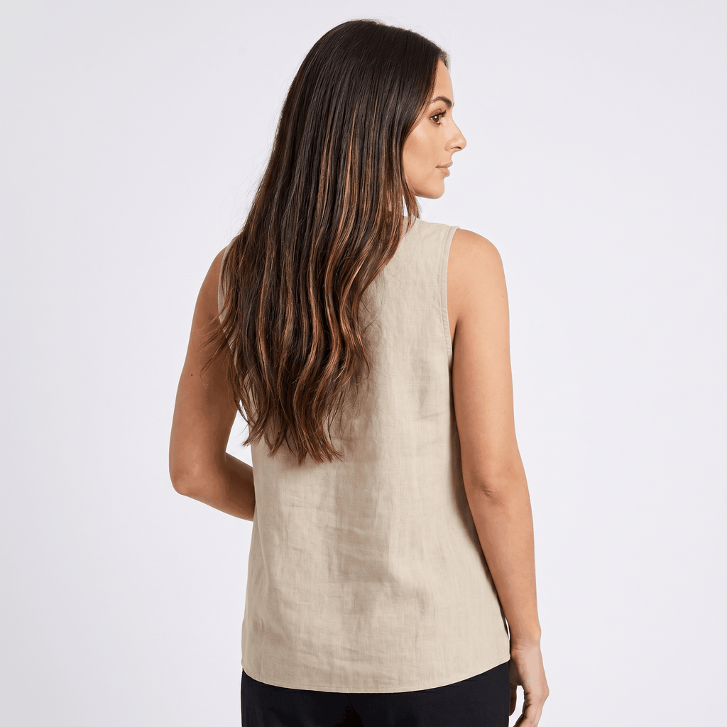 Herlene Sleeveless Cotton Linen Blouse – V-Neck Button Detail Pleated Front Relaxed Tank Top