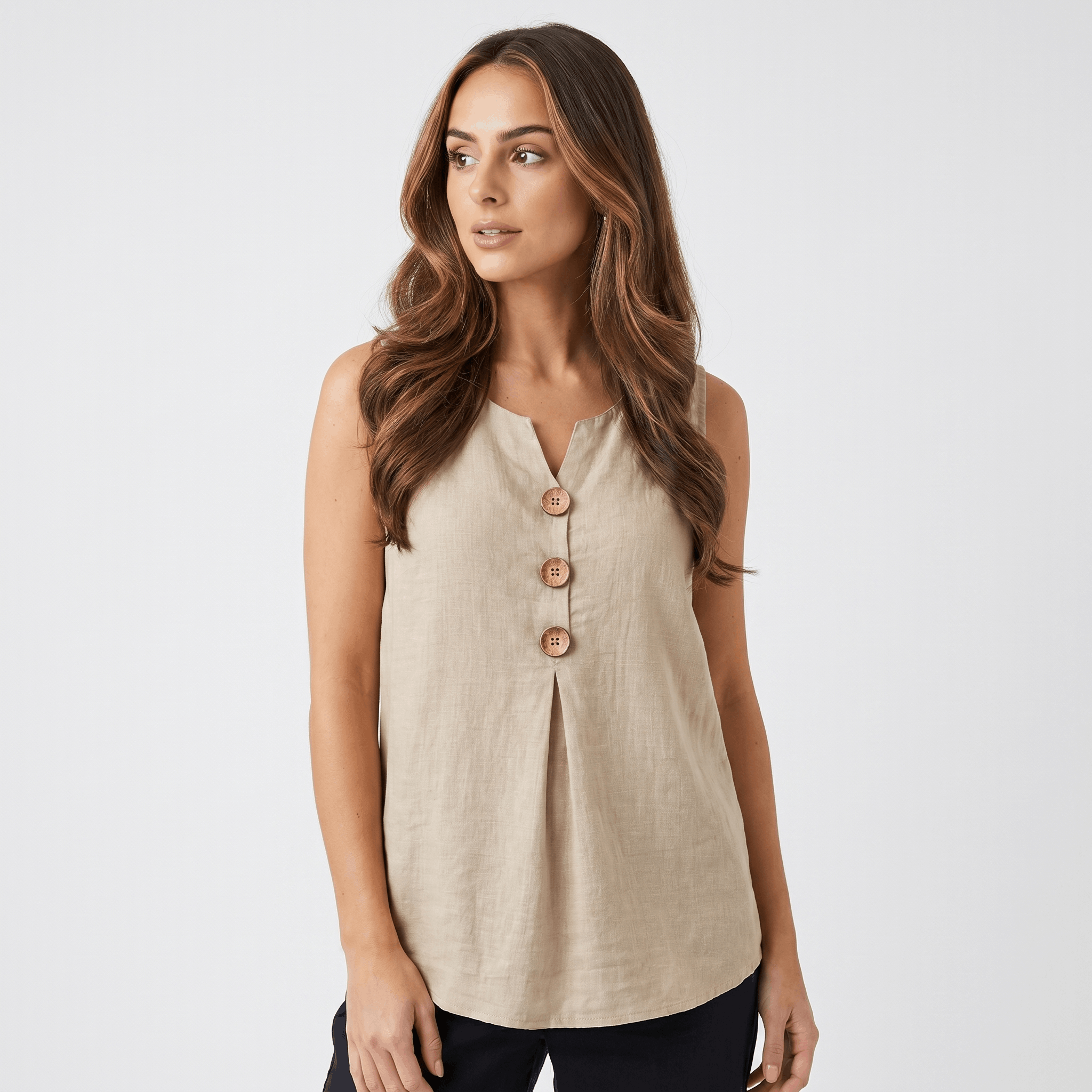 Herlene Sleeveless Cotton Linen Blouse – V-Neck Button Detail Pleated Front Relaxed Tank Top