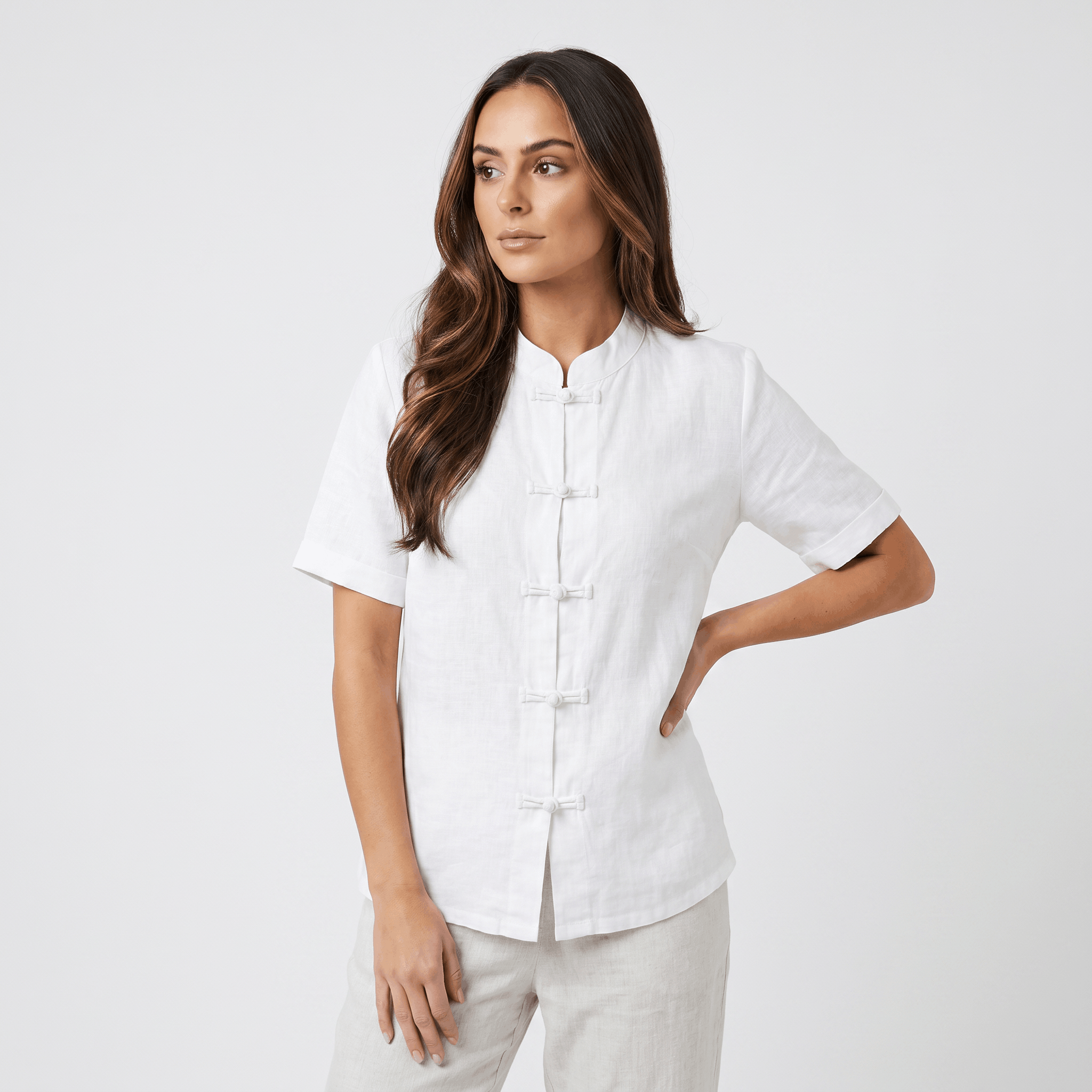 Josephine Mandarin Style Cotton Linen Shirt– Relaxed Short Sleeve Everyday Casual Top
