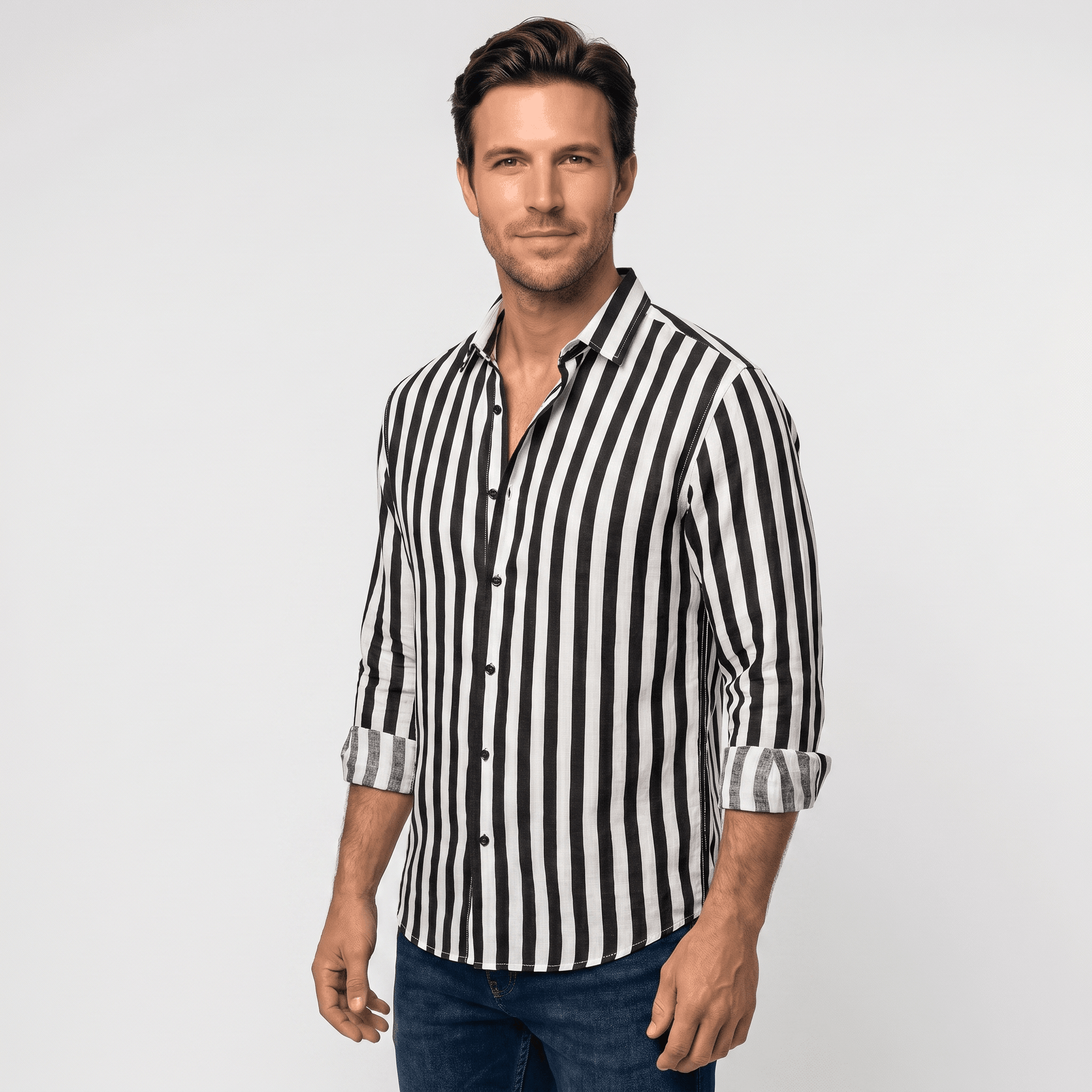 Mateo Pure Linen Striped Shirt – Slim Fit Long Sleeve Point Collar Casual Summer Top