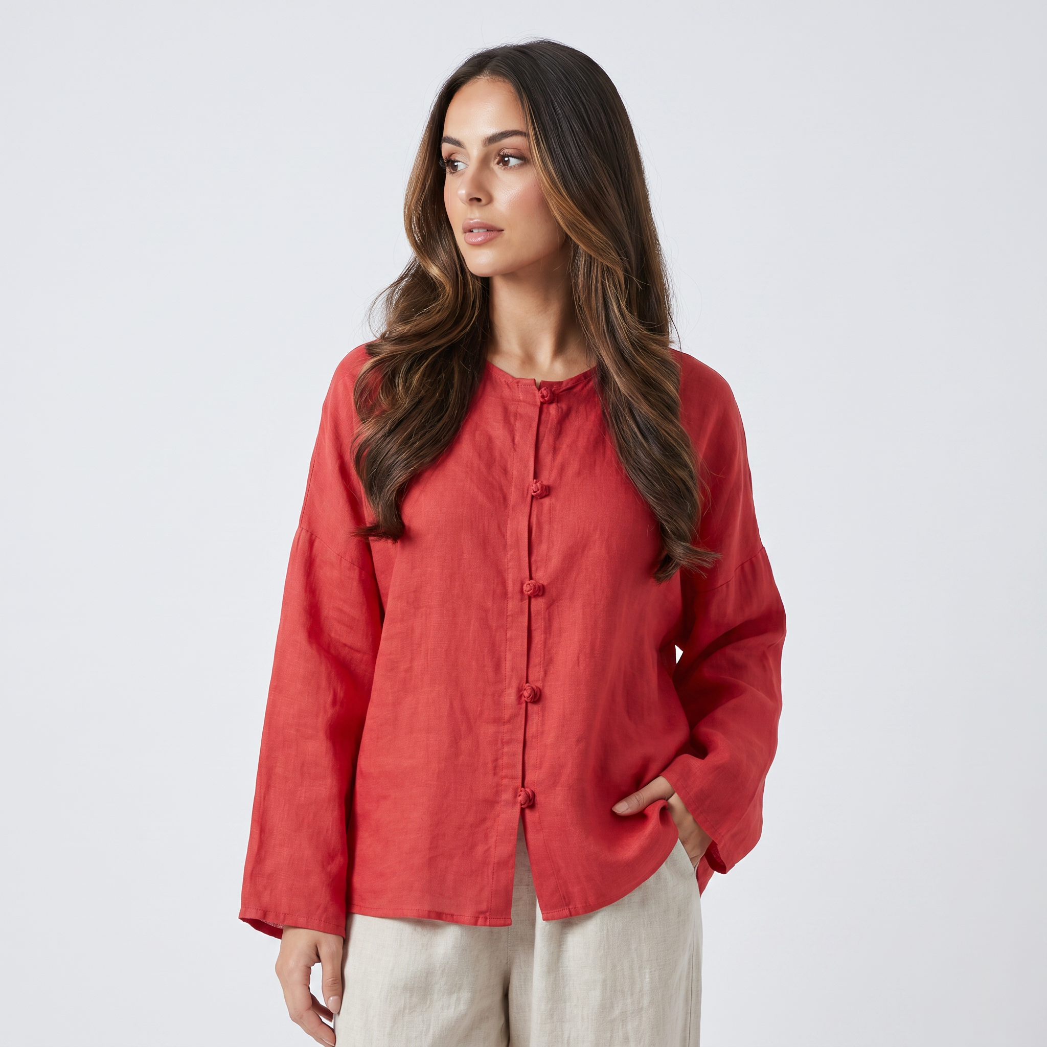 May Heritage Cotton Linen Blouse – Frog Button O-Neck Long Sleeve Relaxed Casual Top
