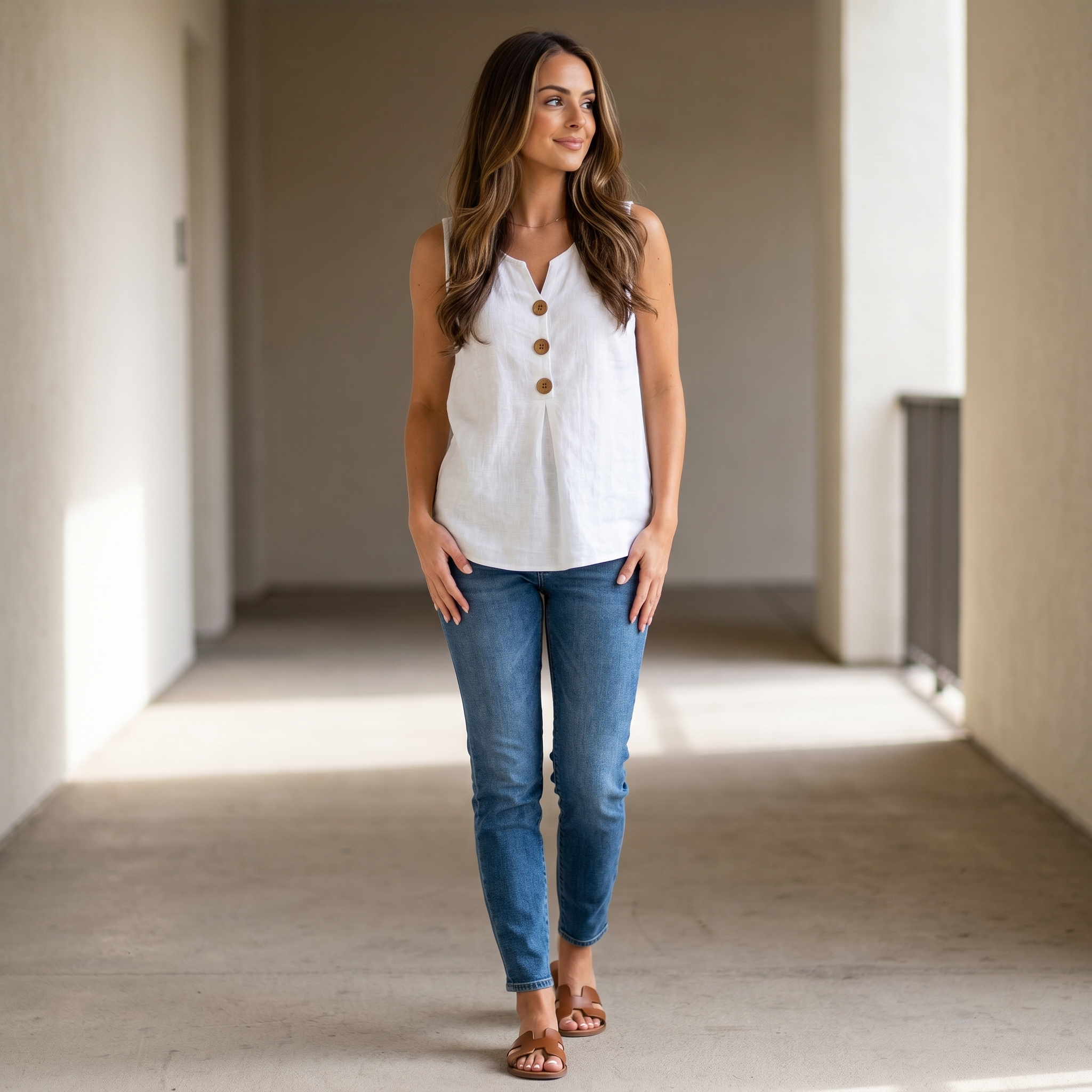 Herlene Sleeveless Cotton Linen Blouse – V-Neck Button Detail Pleated Front Relaxed Tank Top