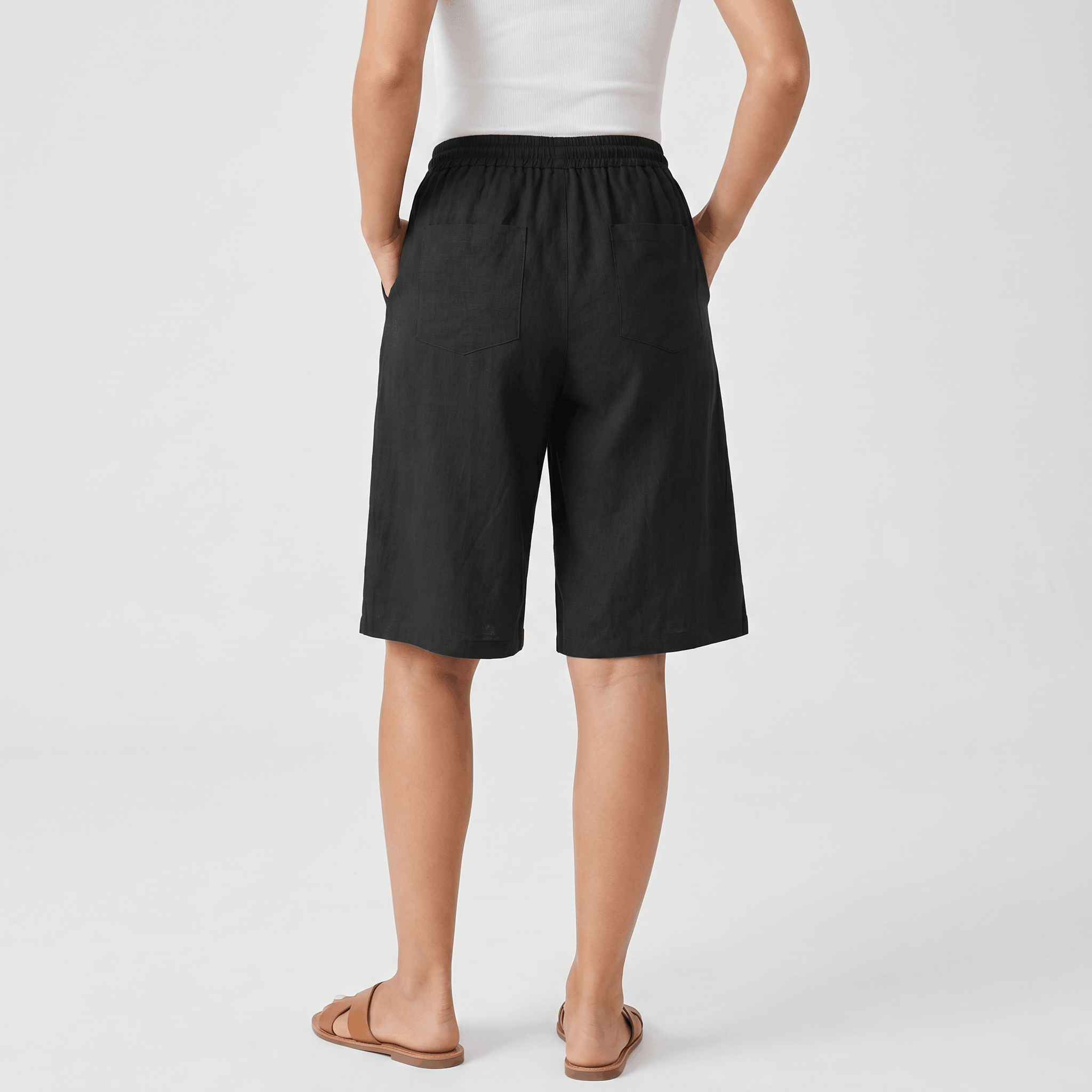 Arlyn Linen Bermuda Shorts – Drawstring Elastic Waist Patch Pocket Relaxed Knee Length Bottoms