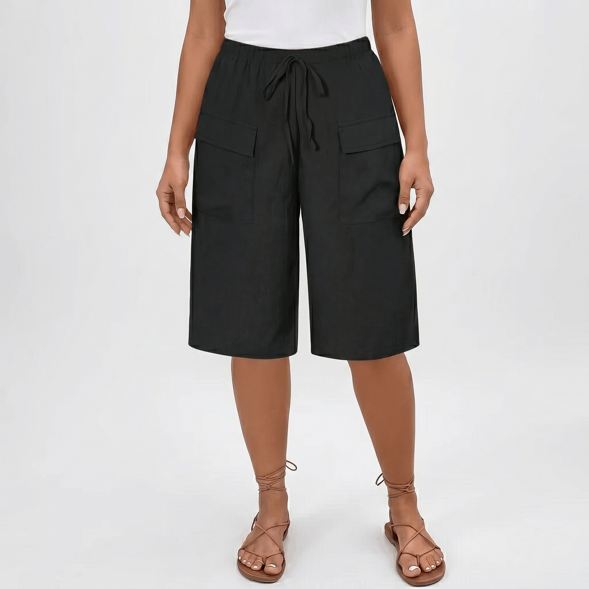 Arlyn Linen Bermuda Shorts – Drawstring Elastic Waist Patch Pocket Relaxed Knee Length Bottoms