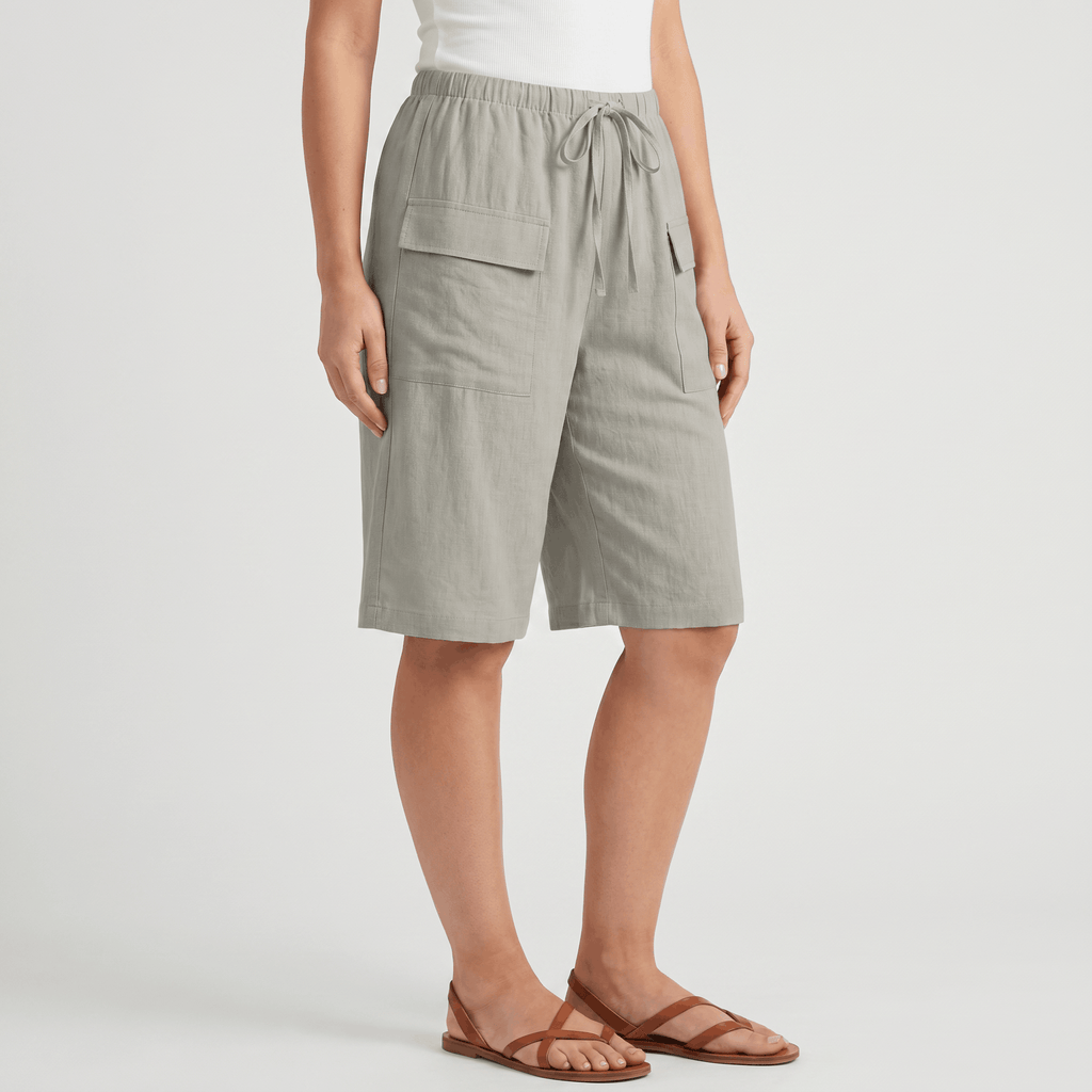 Arlyn Linen Bermuda Shorts – Drawstring Elastic Waist Patch Pocket Relaxed Knee Length Bottoms