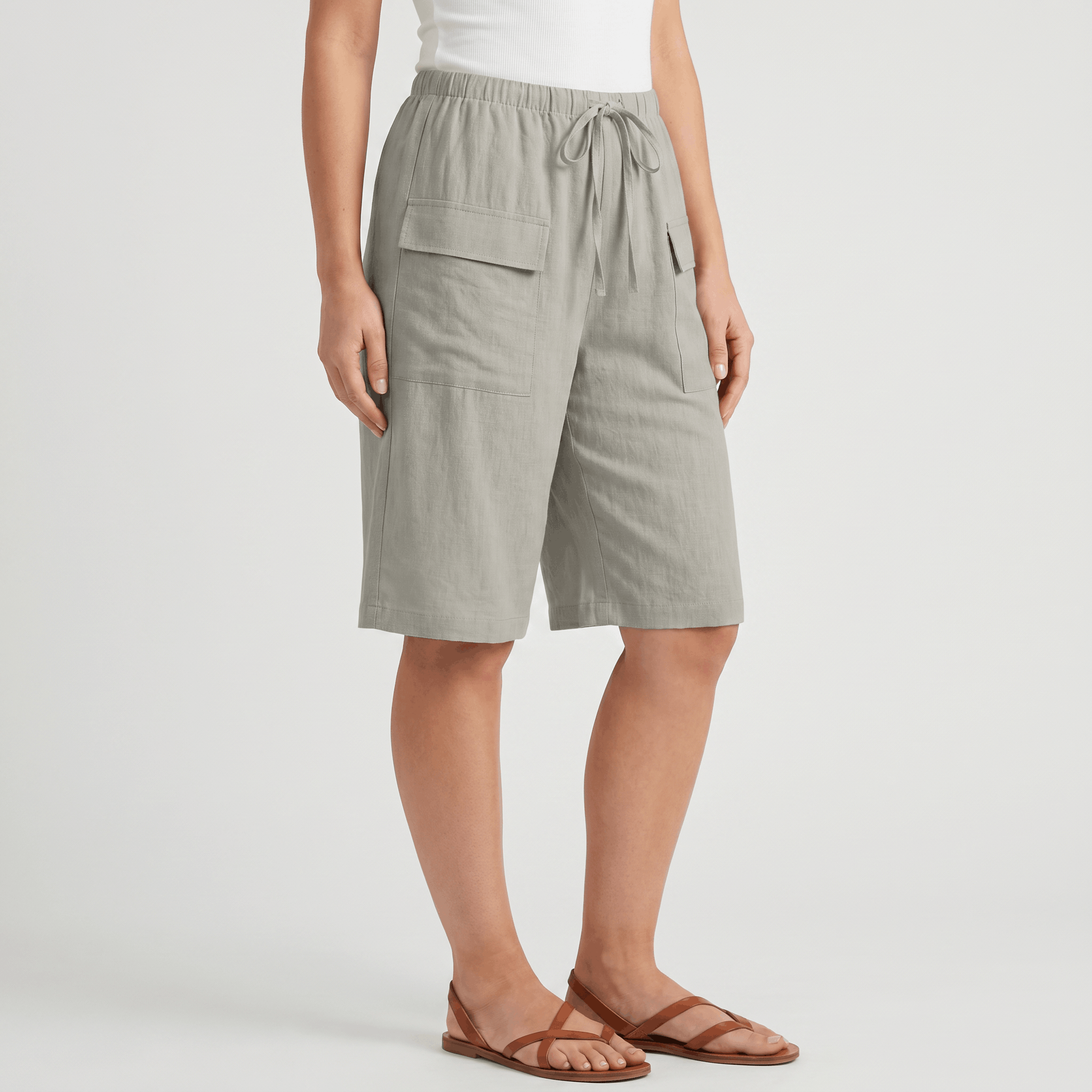 Arlyn Linen Bermuda Shorts – Drawstring Elastic Waist Patch Pocket Relaxed Knee Length Bottoms