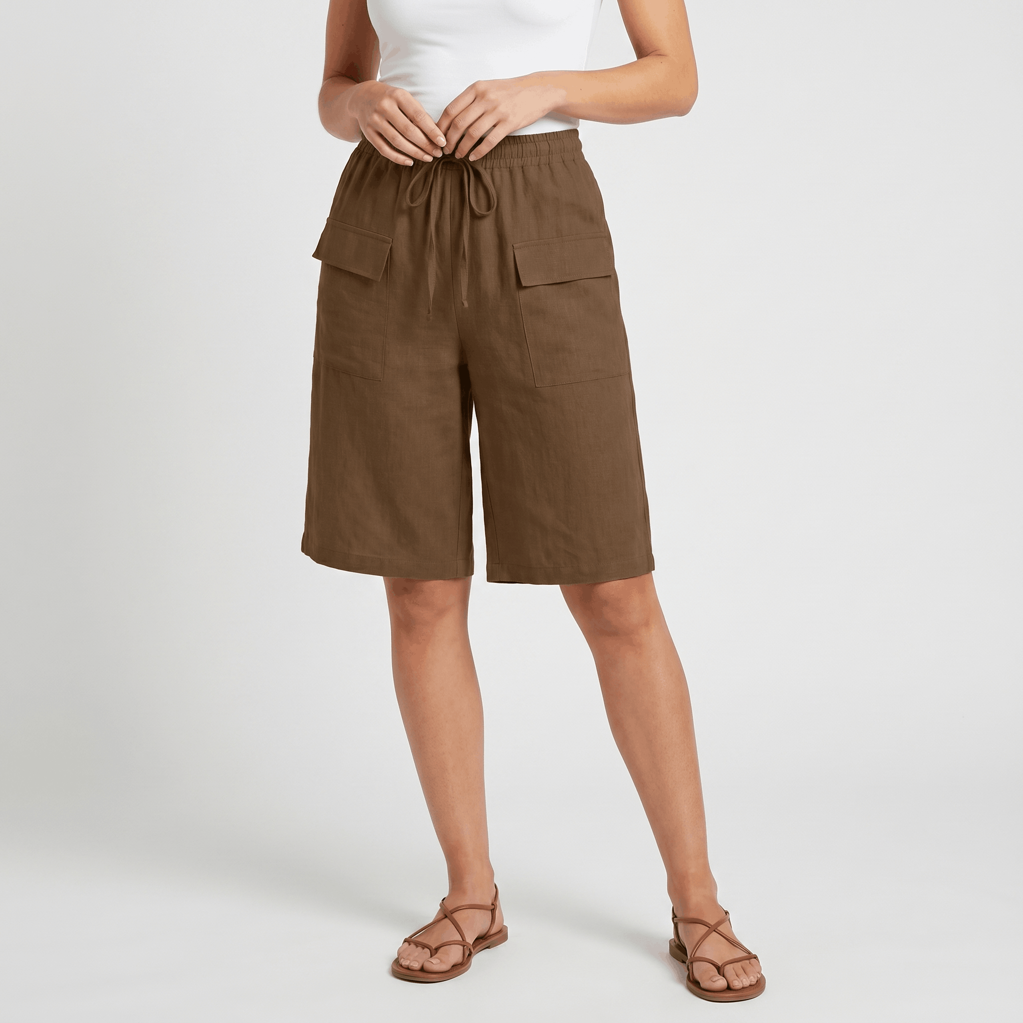 Arlyn Linen Bermuda Shorts – Drawstring Elastic Waist Patch Pocket Relaxed Knee Length Bottoms