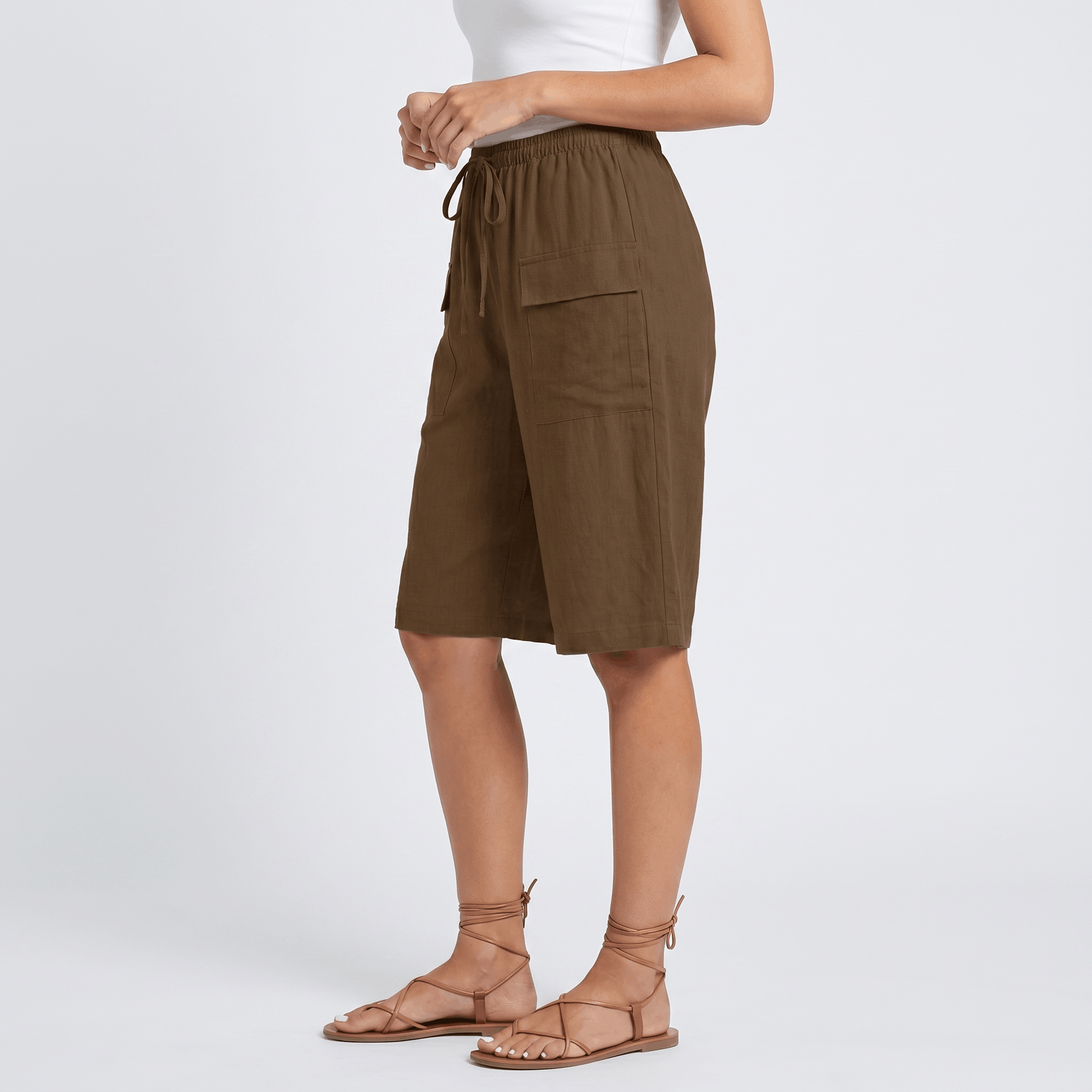 Arlyn Linen Bermuda Shorts – Drawstring Elastic Waist Patch Pocket Relaxed Knee Length Bottoms
